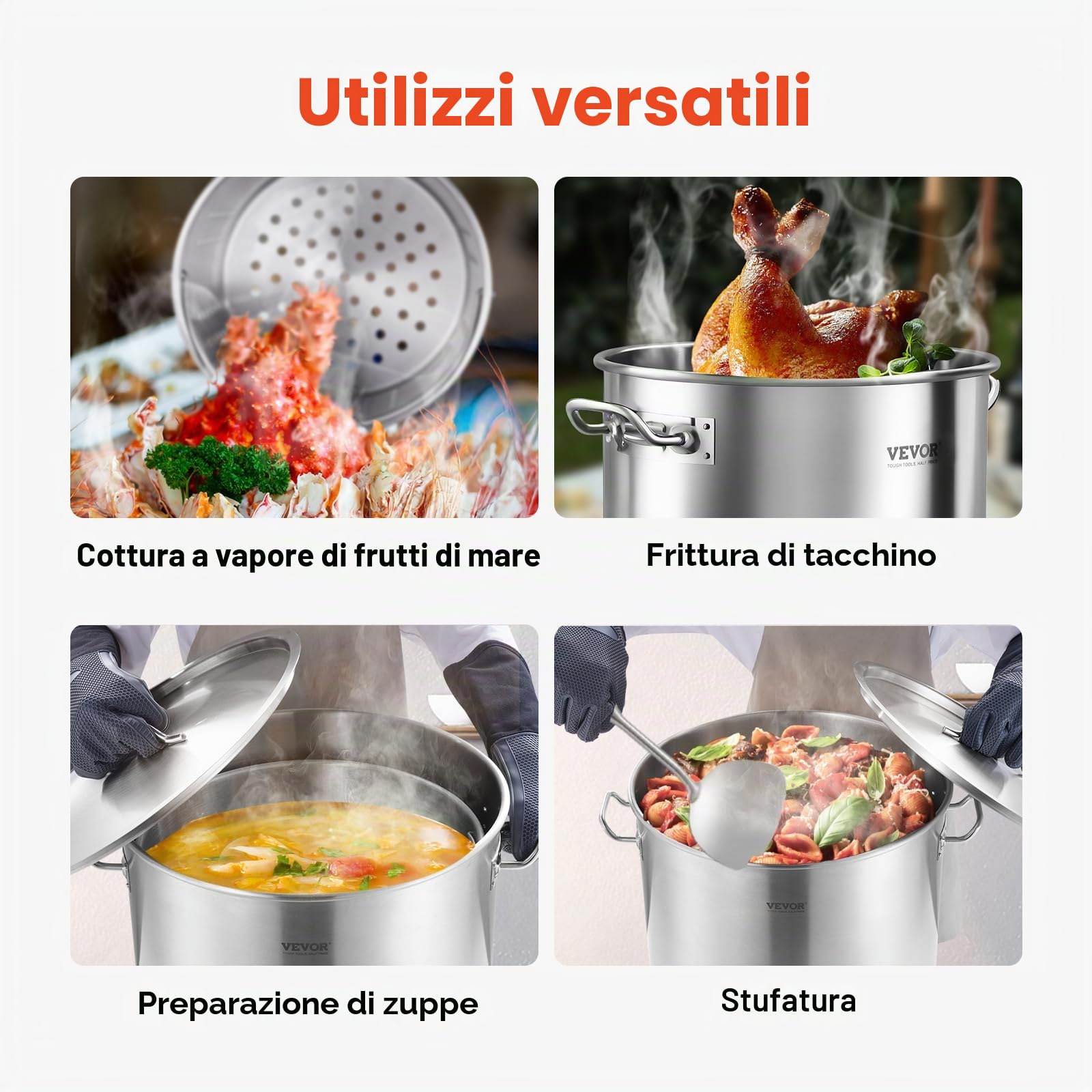 VEVOR Pentola in Acciaio Inox, Pentola per Salse con Cestello 94,6 L, Coperchio e Manico, Pentola Resistente di Grado Commerciale, Trattamento di Macinazione, per Eventi di Grandi Gruppi, Argento