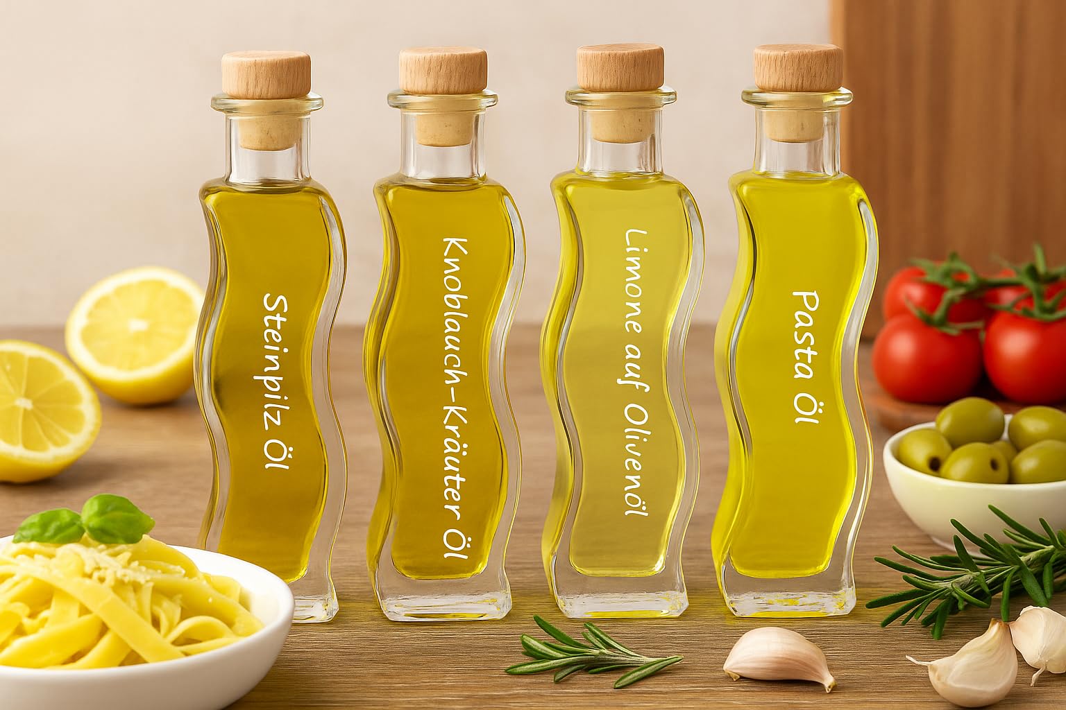 Gourmet Öl Geschenkset – [4x100ml] Feinkost Öle: Steinpilzöl, Knoblauch-Kräuteröl, Pasta Öl & Limonen Olivenöl – Handbeschriftet, Premium Geschenk für Genießer & Hobbyköche