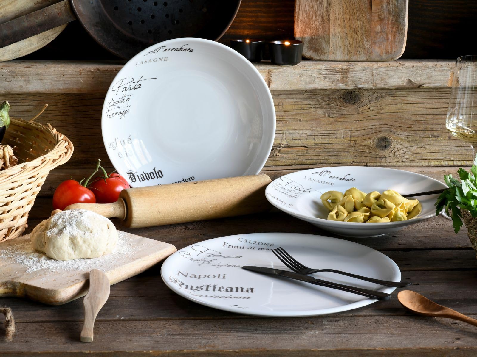CreaTable, 19569, Série Europa Gustoso, assiette à pâtes, ensemble de vaisselle de 4 pièces, assiettes à pâtes en porcelaine, compatibles lave-vaisselle et micro-ondes, fabriqué en Europe.