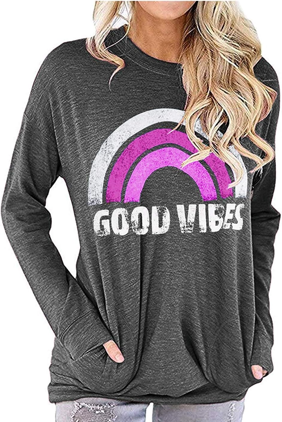 Womens Casual Loose Fit Shirts Long Sleeve Comfy T-Shirts Pullover Sweatshirts With Pockets