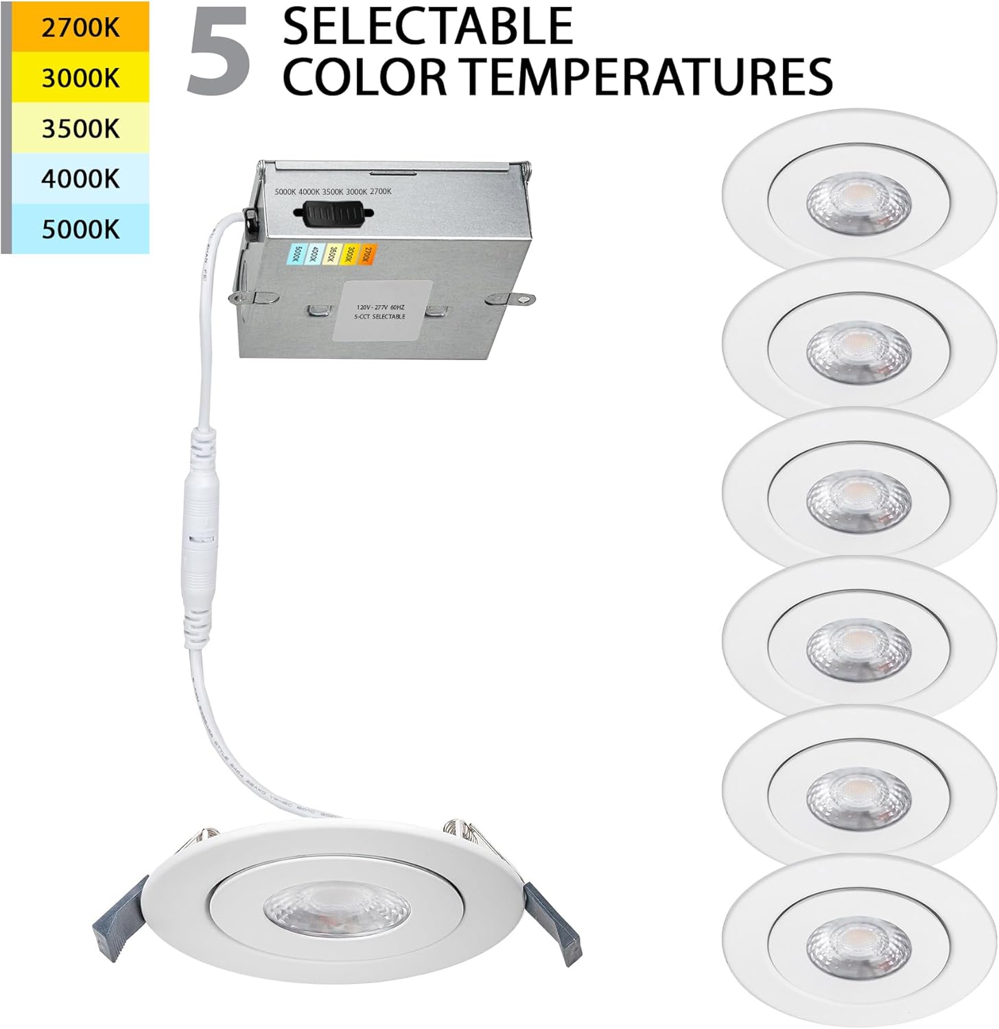 WAC Lighting Lotos 4in LED Round Adjustable Recessed Light 5-CCT Selectable 9W 700 Lumens IC-Rated Airtight 120V-277V Universal in White (Pack of 6)
