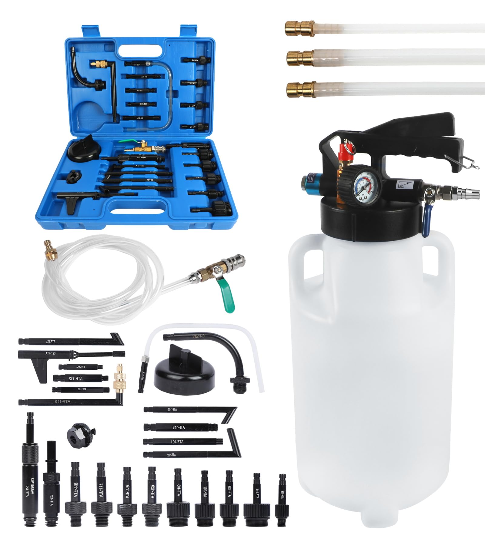 PLAYOCCAR Bomba de Líquido de Transmisión 8L con 26 Adaptadores de Relleno de Líquido de Transmisión Automática (ATF) | Sistema de Dispensación y Extracción, Juego de Sistema de Relleno Manual de A