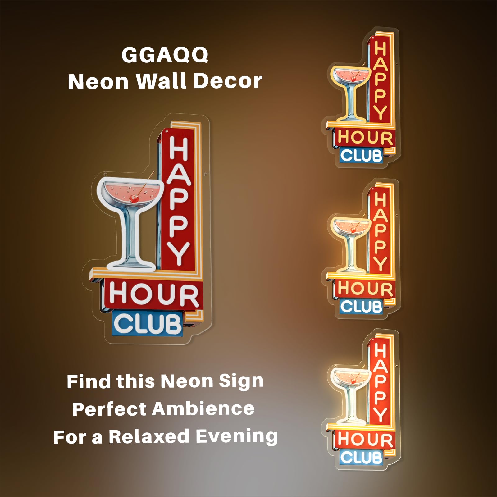 Happy Hour Club, insegna al neon per decorazione da parete, design retrò per cocktail bar, design UV, luce a LED, alimentata tramite USB, con interruttore dimmerabile, per bar, club, feste, casa