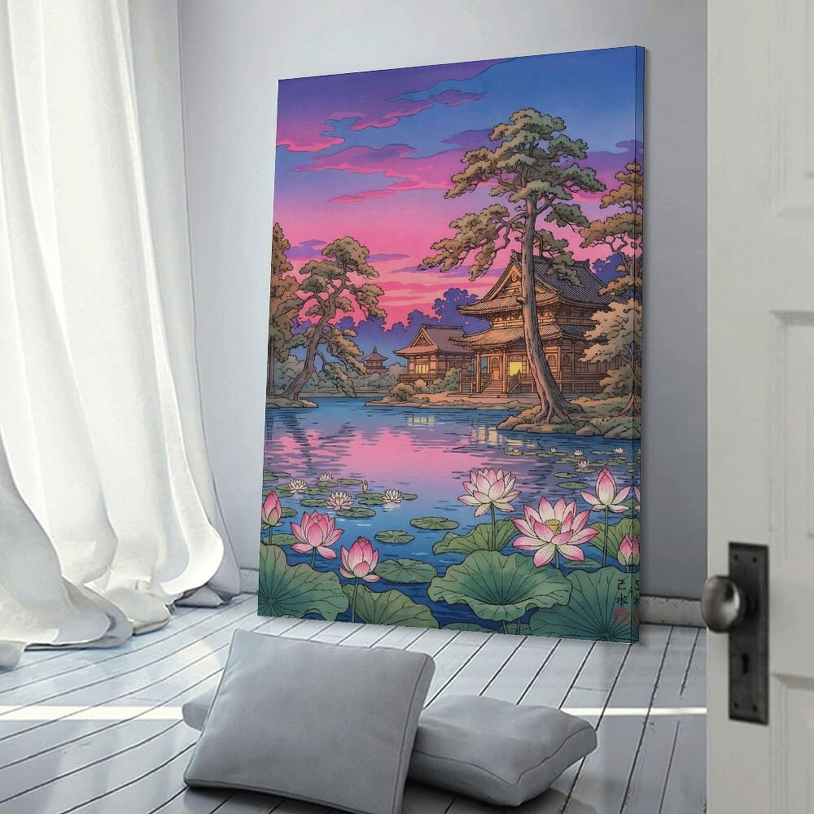 Junmoney Canvas Wall Picture Japanese Temple And Lotus Pond at Sunset, 20x30inch(50x75cm), for Office, Study Or Home Workspace, Canvas Wall Decor for Creative Rooms