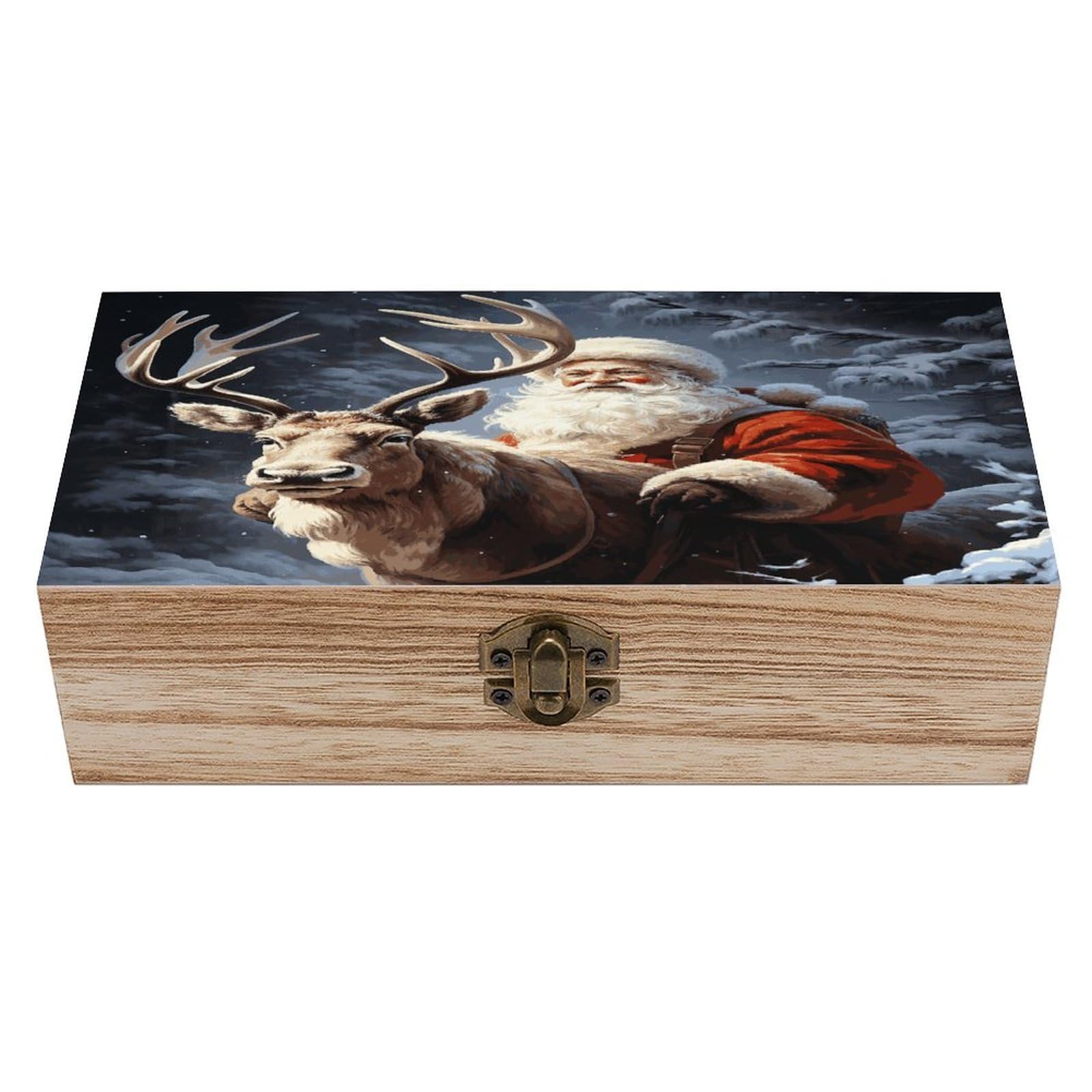 FekiLoot Santa Claus And Deer Elk Wooden Box with Hinged Lid Vintage Storage Box Beautifully Wood Keepsake Boxes Jewellery Organiser & Trinket Holder Unique Gift Ideas for Men & Women