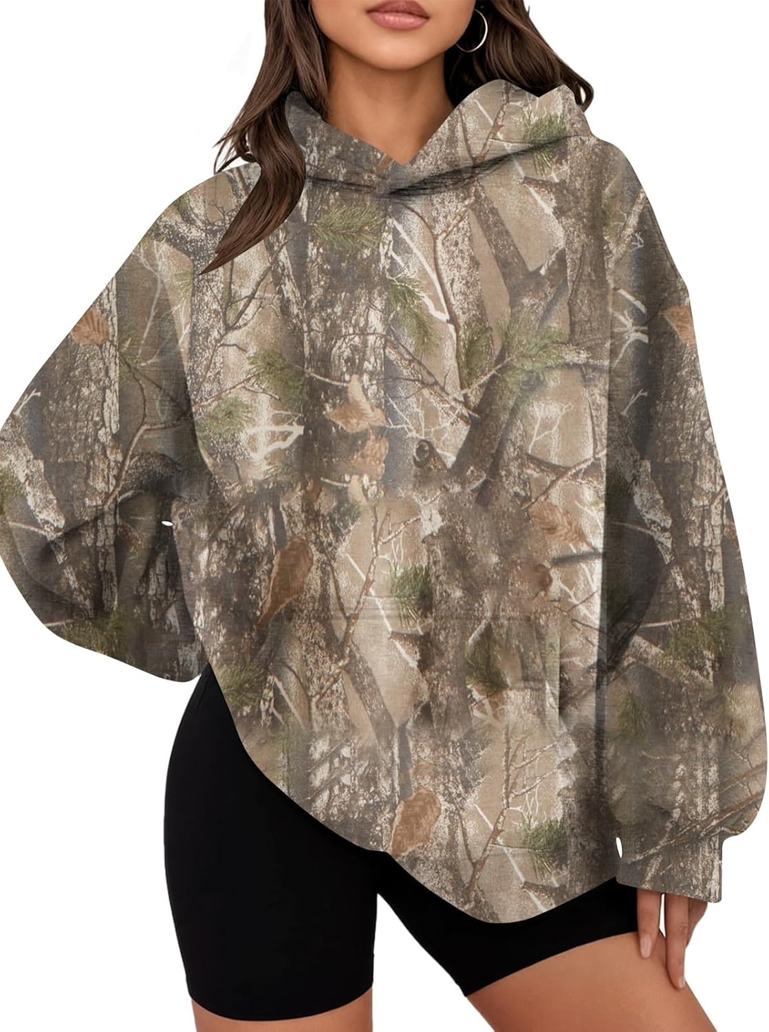 Womens Oversized Camo Hoodie Y2k Maple Leaf Print Fleece Hooded Pullover Sweatshirt Casual Long Sleeve Fall Outfits