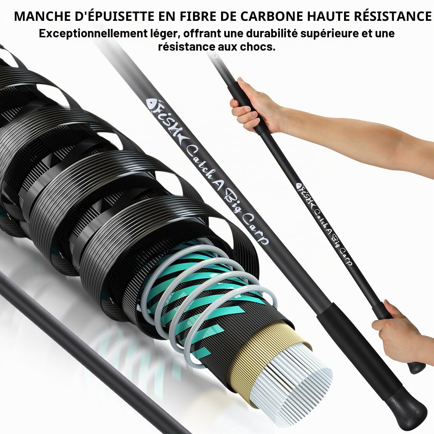Sougayilang Épuisette de pêche à la carpe de 106,7 cm – Poignée télescopique en fibre de carbone de 2 m – Design flotteur robuste pour grosses carpes – Sac de transport inclus