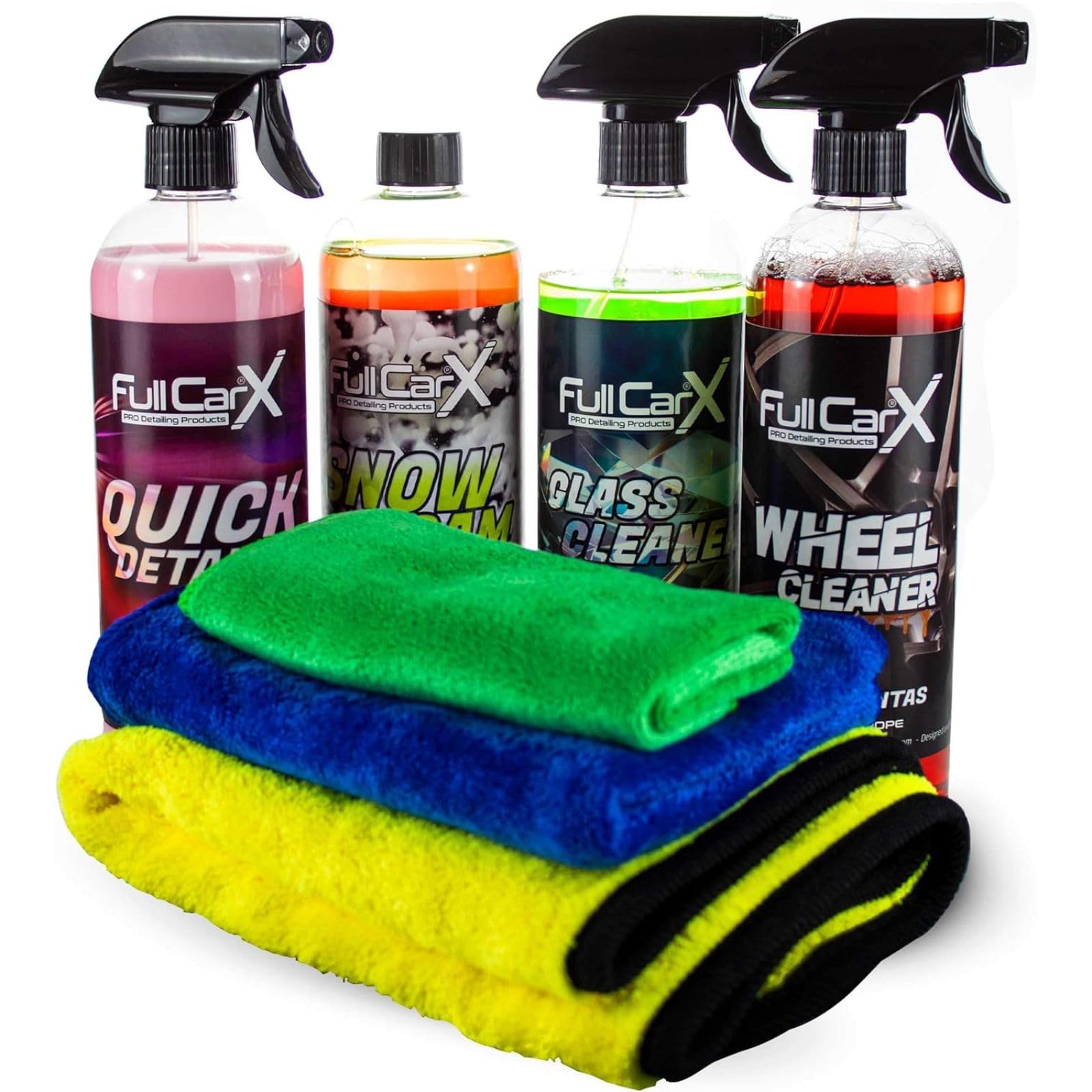 Kit Limpieza Exterior Coche FullCarX + Accesorios Microfibras - Car Detailing - Limpia Llantas, Cera Líquida, Limpia Cristales, Jabón Champú Neutro - 750 ml. Unidad