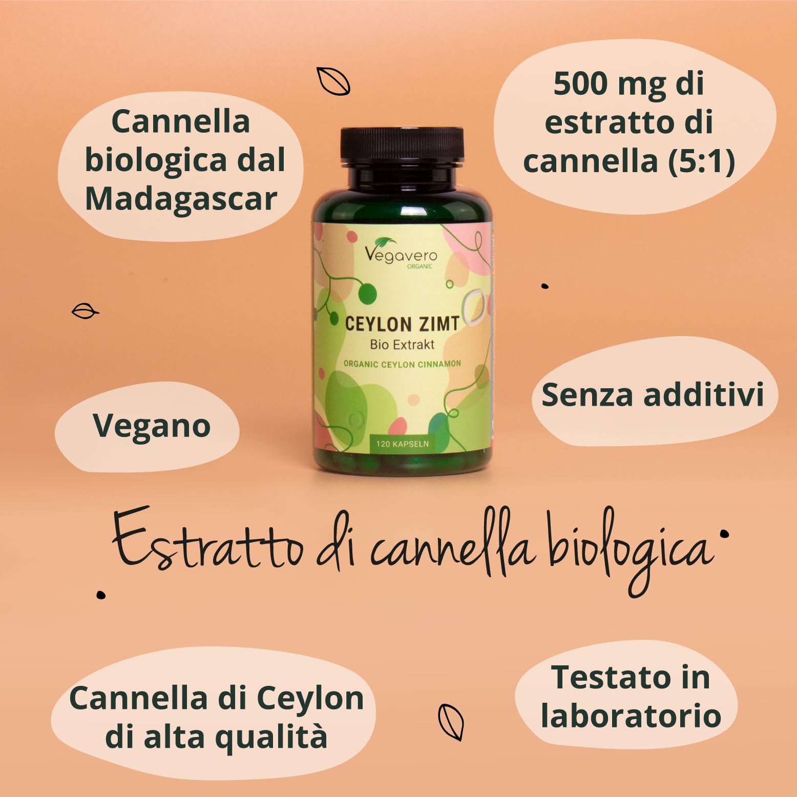 CANNELLA CEYLON BIO Vegavero® | 2500 mg (5:1) | 4 Mesi di Fornitura | Cinnamon (Zimt) dal Madagascar | con 0,7% di Tannini | Vegan