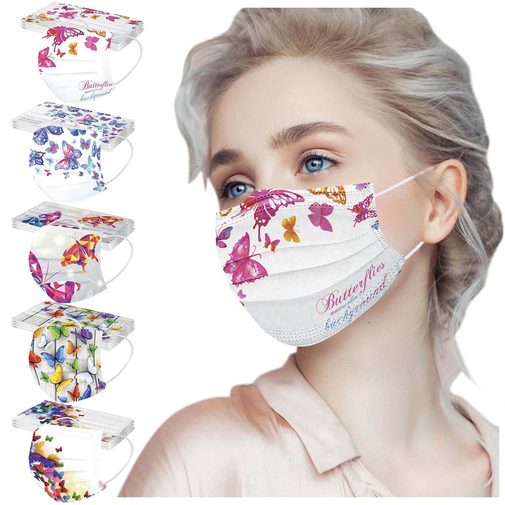 50 Pcs Butterfly Disposable Face_Masks for Adults,Breathable Disposable Facemasks with Butterflies Designs (Style-05)