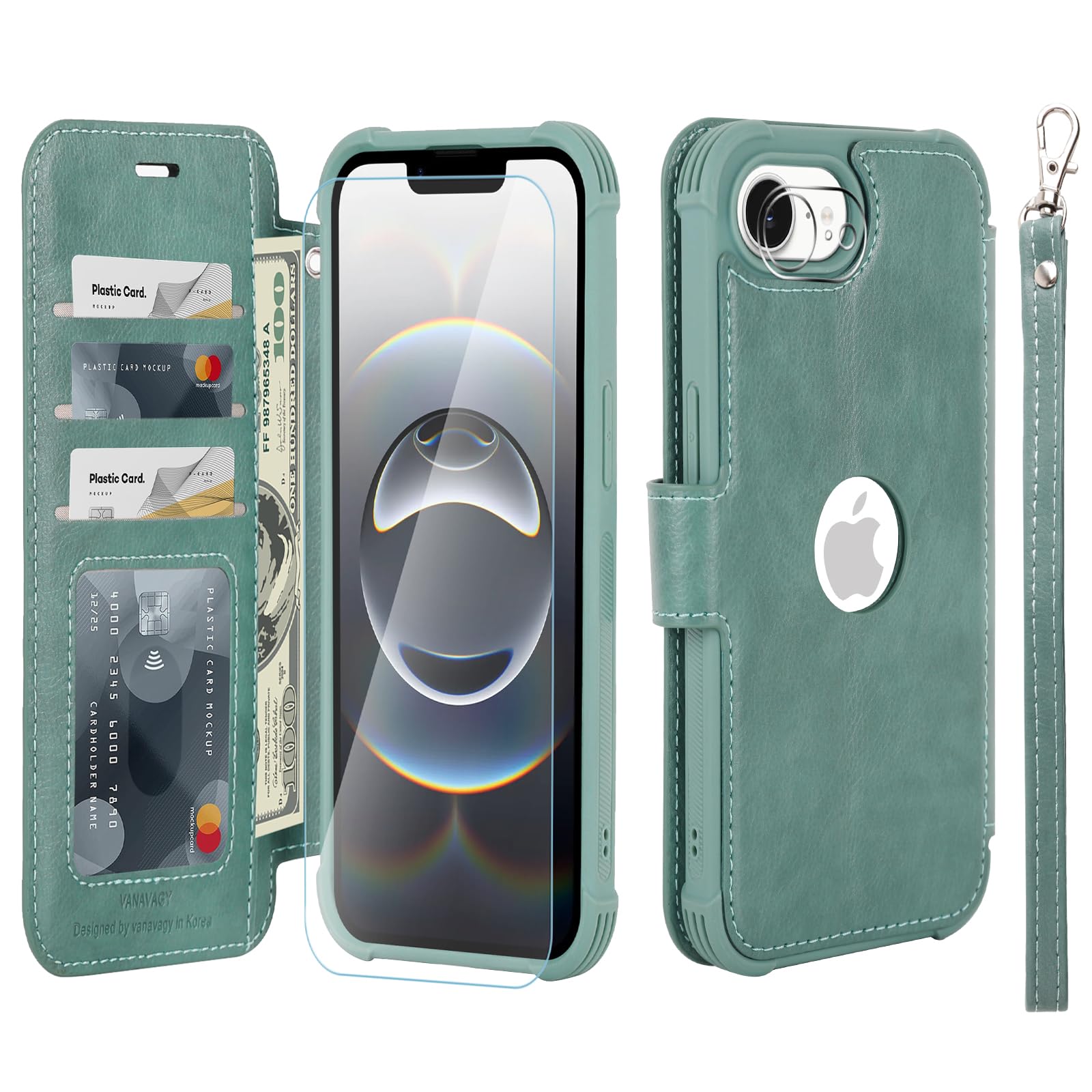 VANAVAGY Compatible for iPhone 16e Wallet Case, RFID Shockproof Flip Case with Card Holder Kickstand, [Camera Lens & Screen Protector] PU Leather