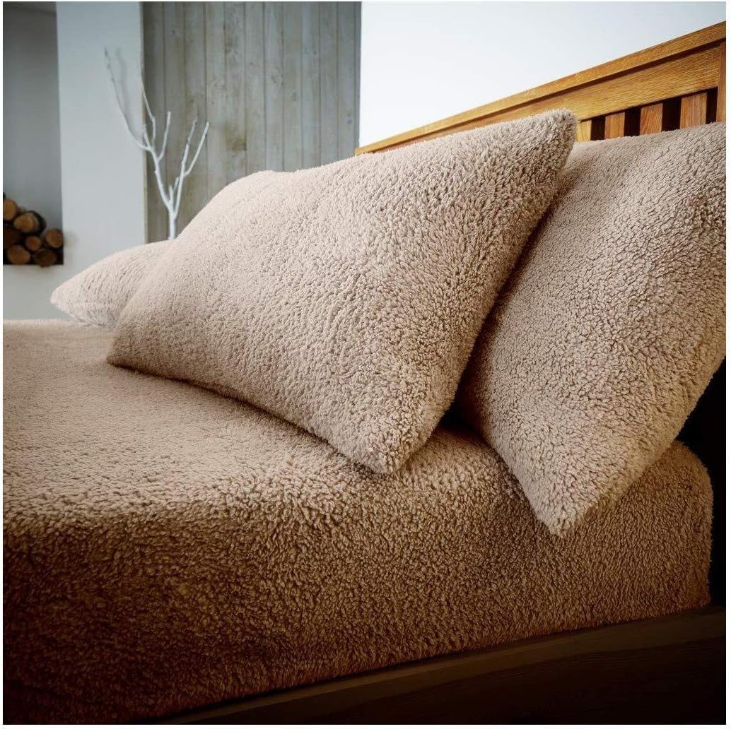 Bluemoon Bedding Beige Teddy Bear Pair Pillowcases Warm Cosy Soft Plush Fleece Pillow Cases Plain Thermal Warm Soft Cases Pair (Beige)