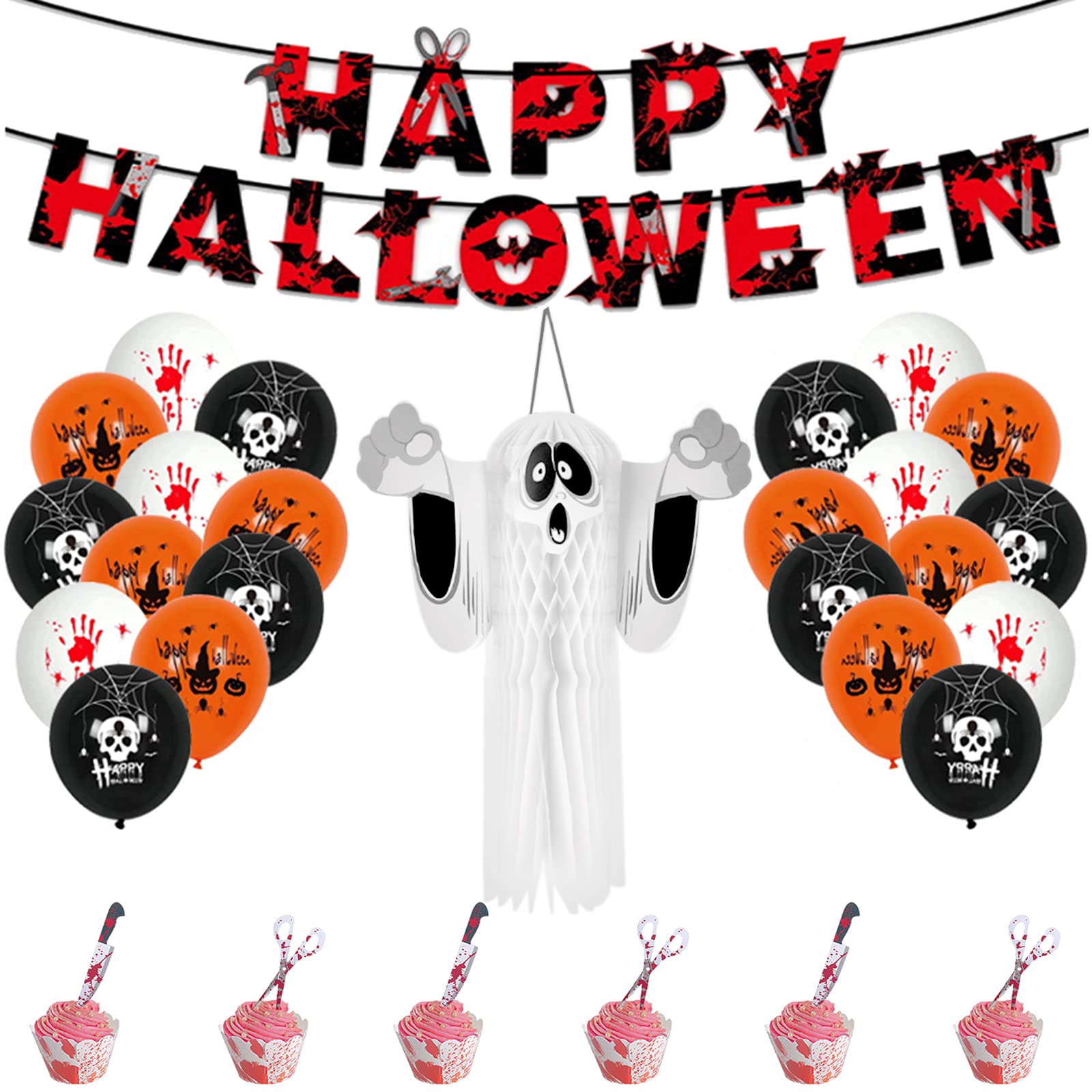 Shinetao Halloween Party Decorations Balloons Set, Including Letter Flag, Paper Honeycomb 3D Ghost, Patterned Balloons and Cake Insert Set, Perfected for Halloween Decorations Indoor & Outdoor