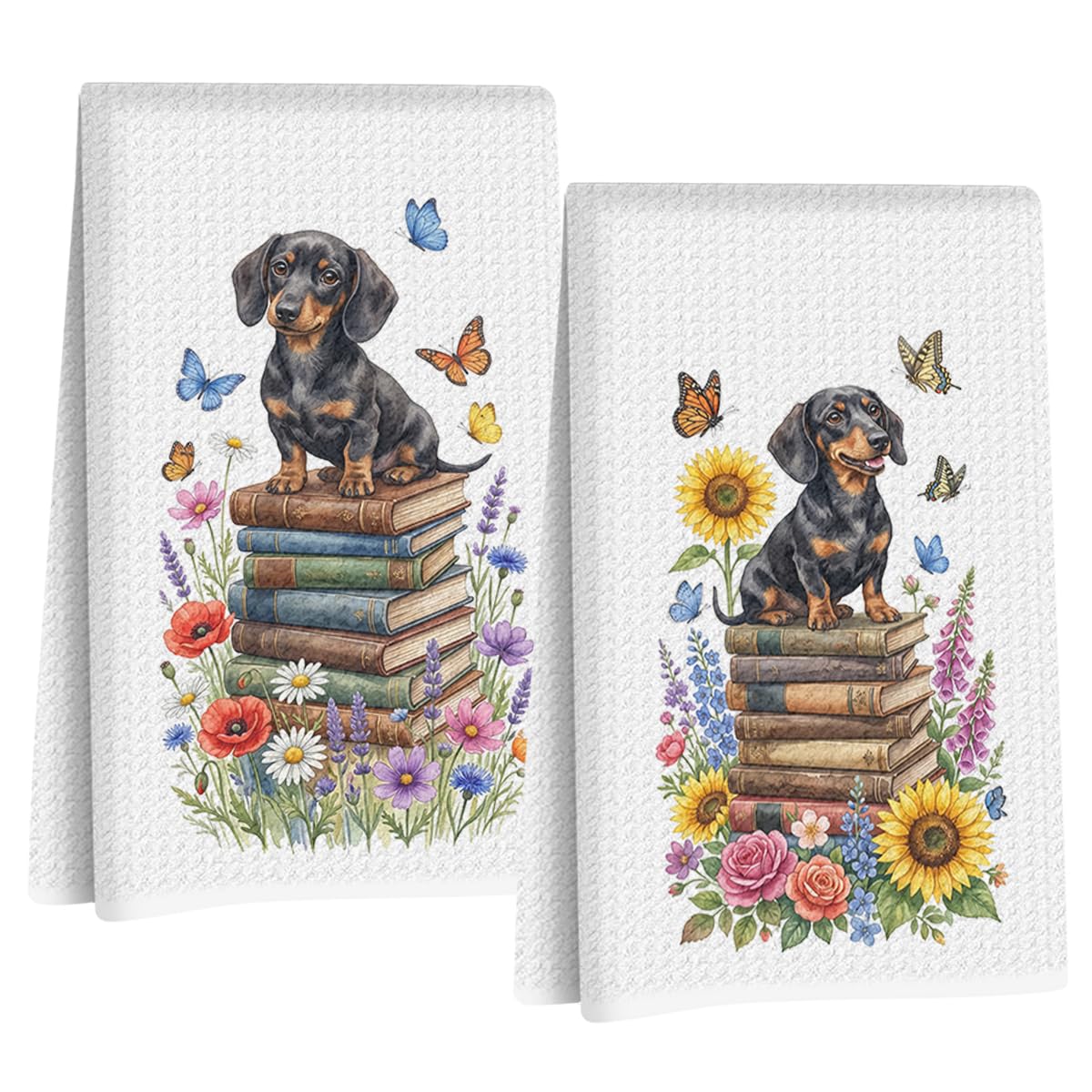 2 Pcs Dachshund Floral Kitchen Towels, Dachshund Gifts Reusable Dish Towels