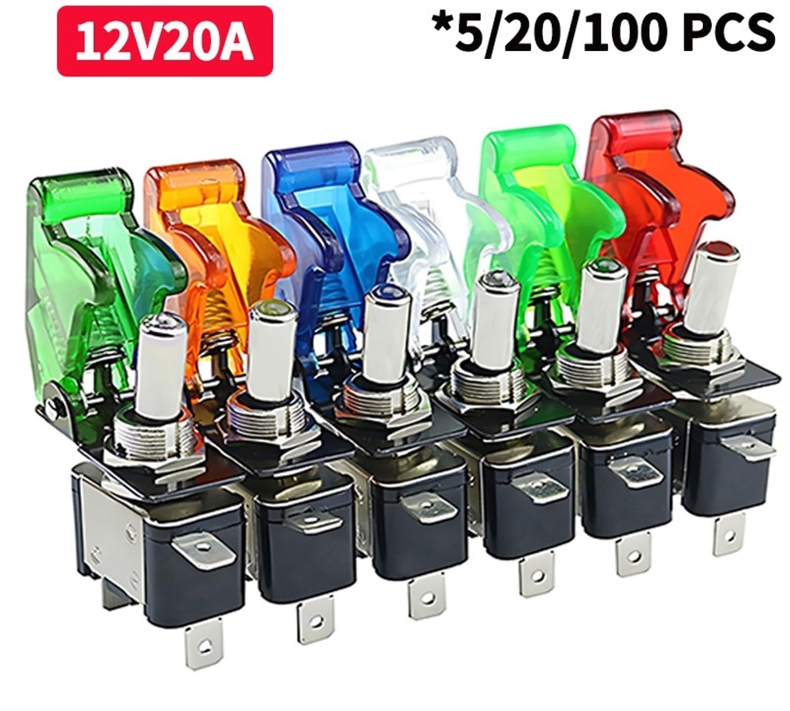 5/20 ensembles 12V20A SPST interrupteur à bascule interrupteur LED avec couvercle de protection voiture Auto couverture lumière LED interrupteur à bascule commande marche/arrêt(White lid,100 Sets)