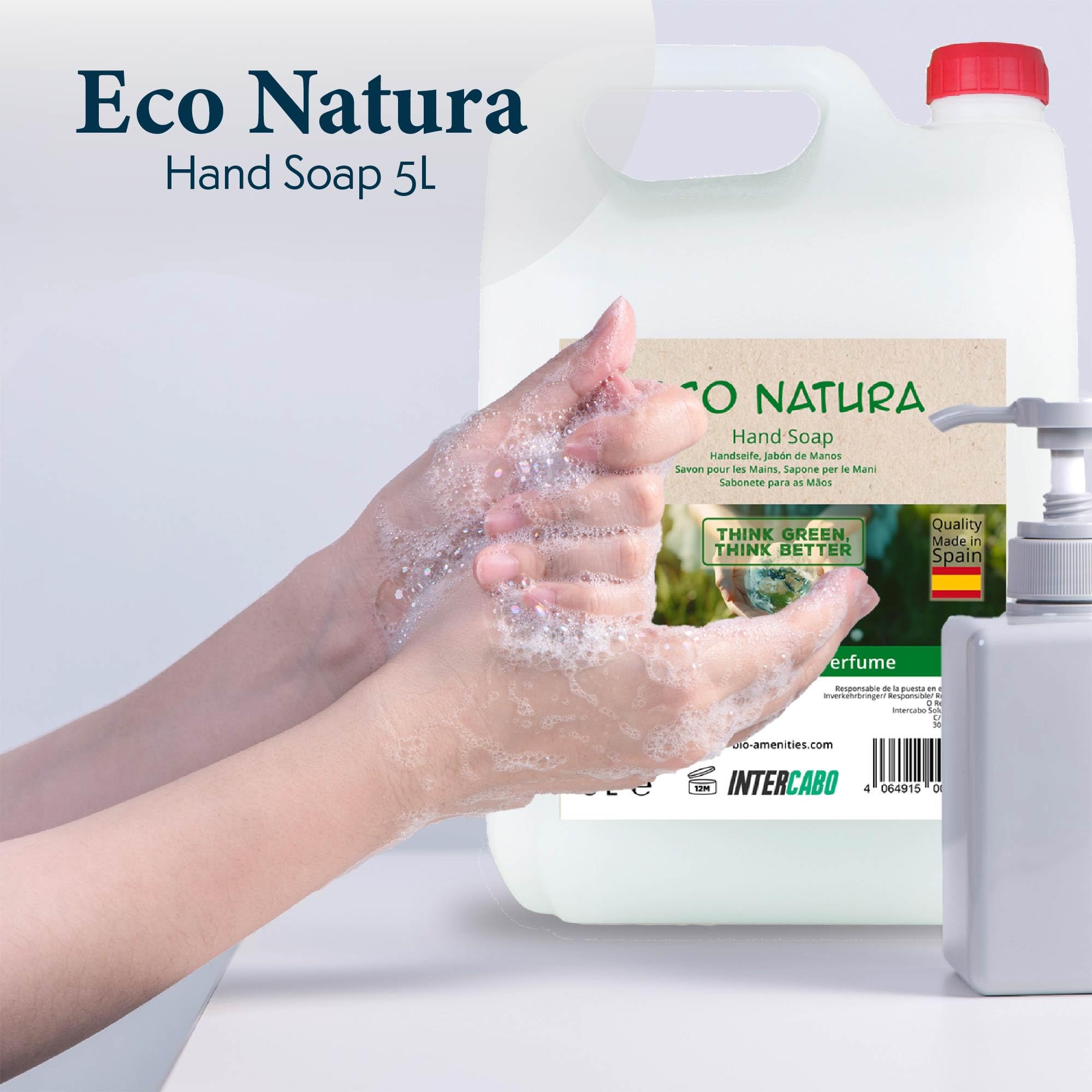 Lot de 4 flacons de 5 L, gel douche fleur d’amande, shampooing aloe vera, savon mains Eco Natura, lait corporel hydratant, hygiène complète quotidienne