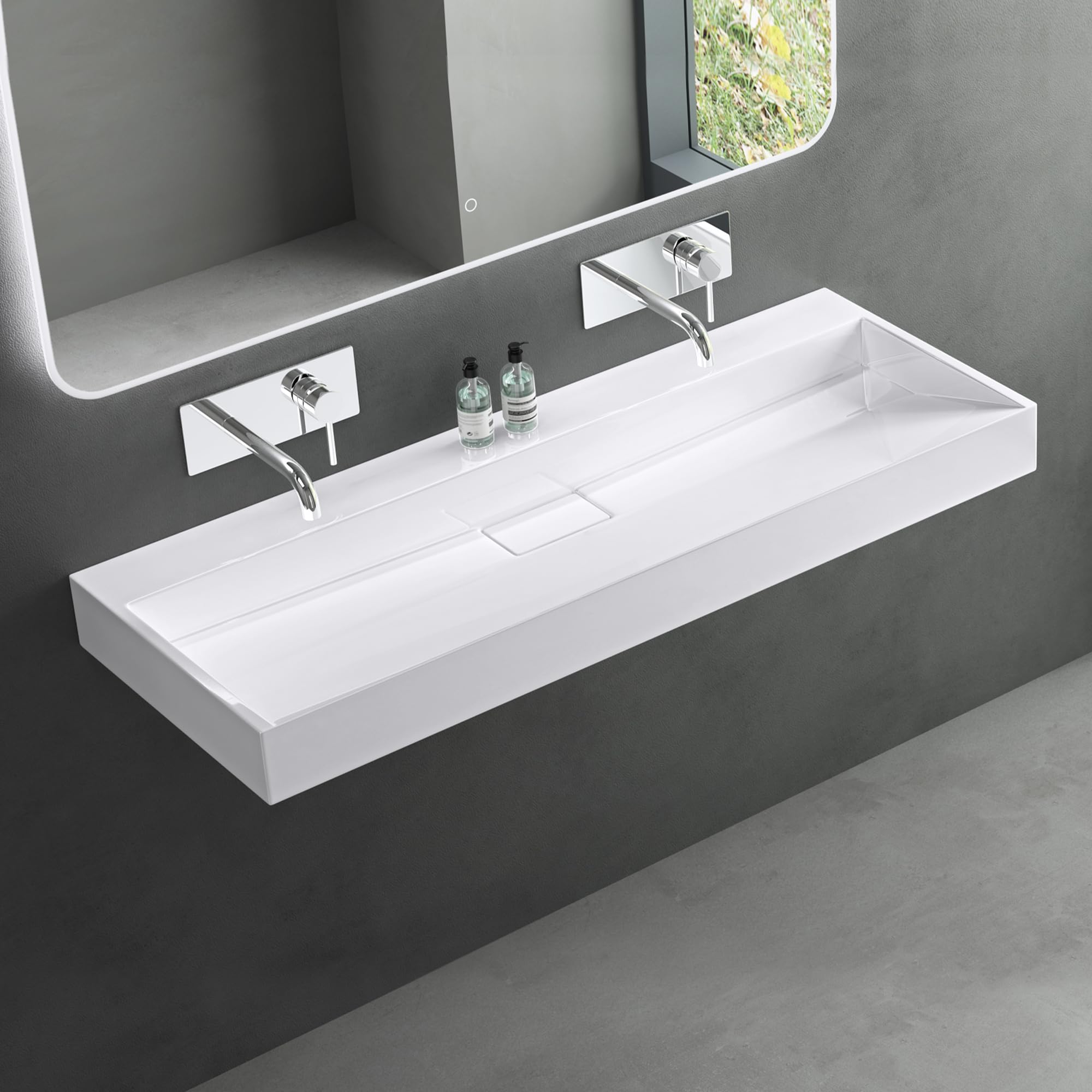 Mai & Mai Lavabo da Appoggio 120x46x11cm, Lavabo Bagno Sospeso Lavandino Bagno con Piletta di Scarico Lavabo da Minerale fuso senza Foro per Rubinetteria, Colossum19-1200OA