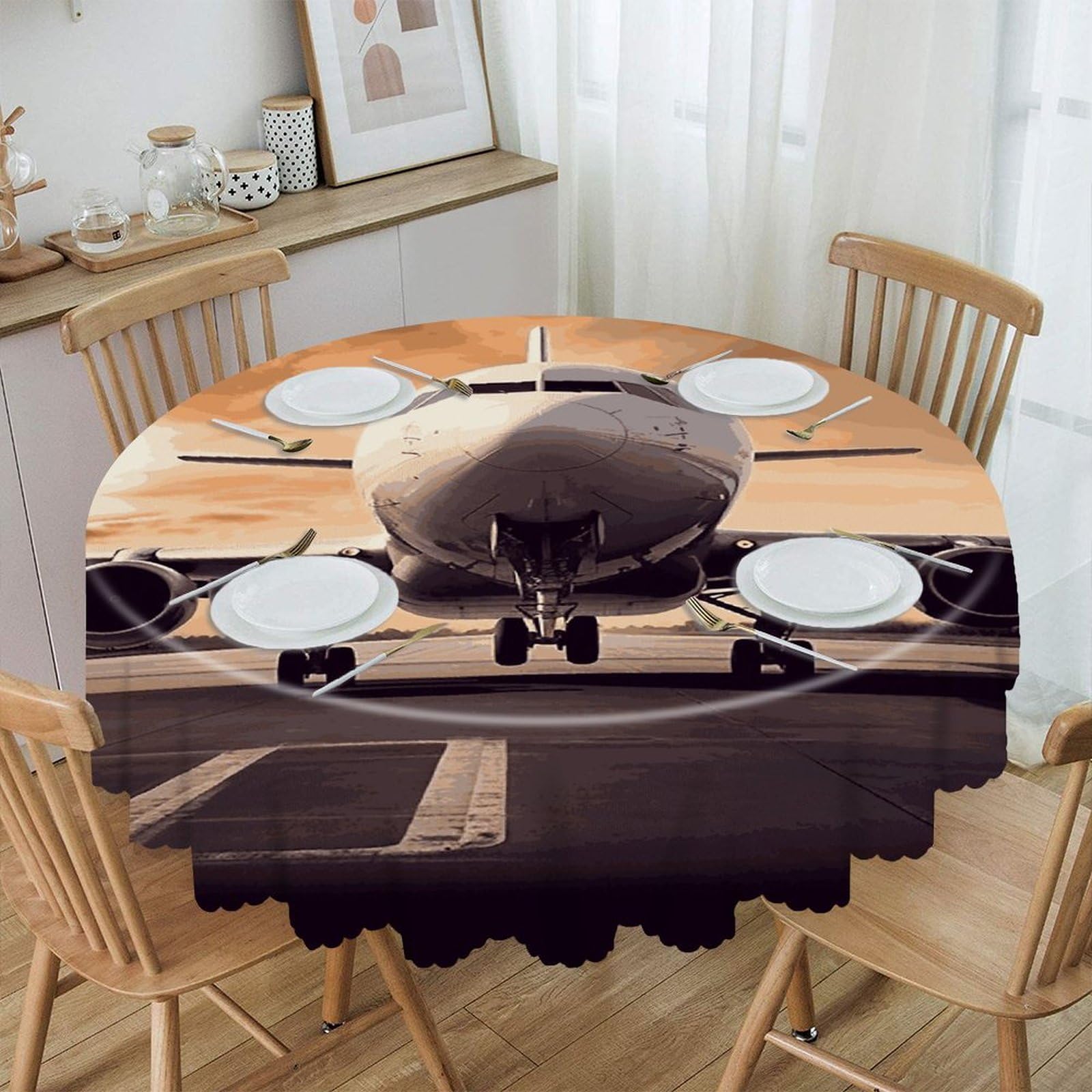 VstaDank Airplane Round Tablecloth 60 Inch Easy to Clean Circle Table Cover Thick Decorative Round Polyester Table Cloth for Dining Kitchen Party Farmhouse Outdoor