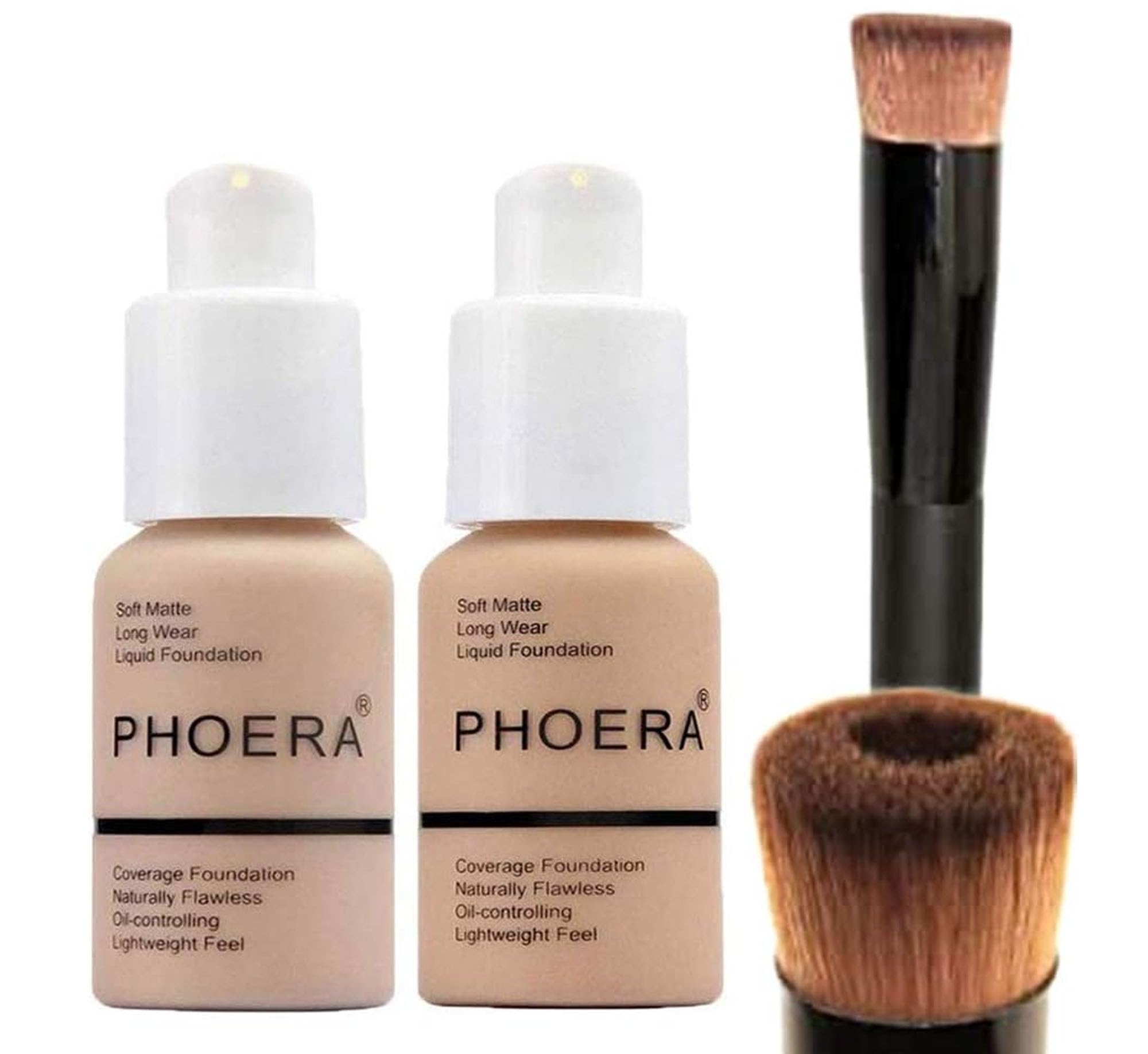 PHOERA Foundation 102 and 104 Full Coverage Foundation, Full Coverage Flawless New 30ml 24HR Matte Oil Control (Buff Beige #104)(Nude #102) + Liquid Foundation Brush