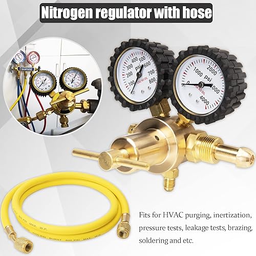Miniatura 2 de Regulador de nitrógeno, Regulador de nitrógeno Hvac con manguera de 60 pulgadas, 0-800PSI, conexión de salida de 14 pulgadas, 0-4000PSI, Conexión de