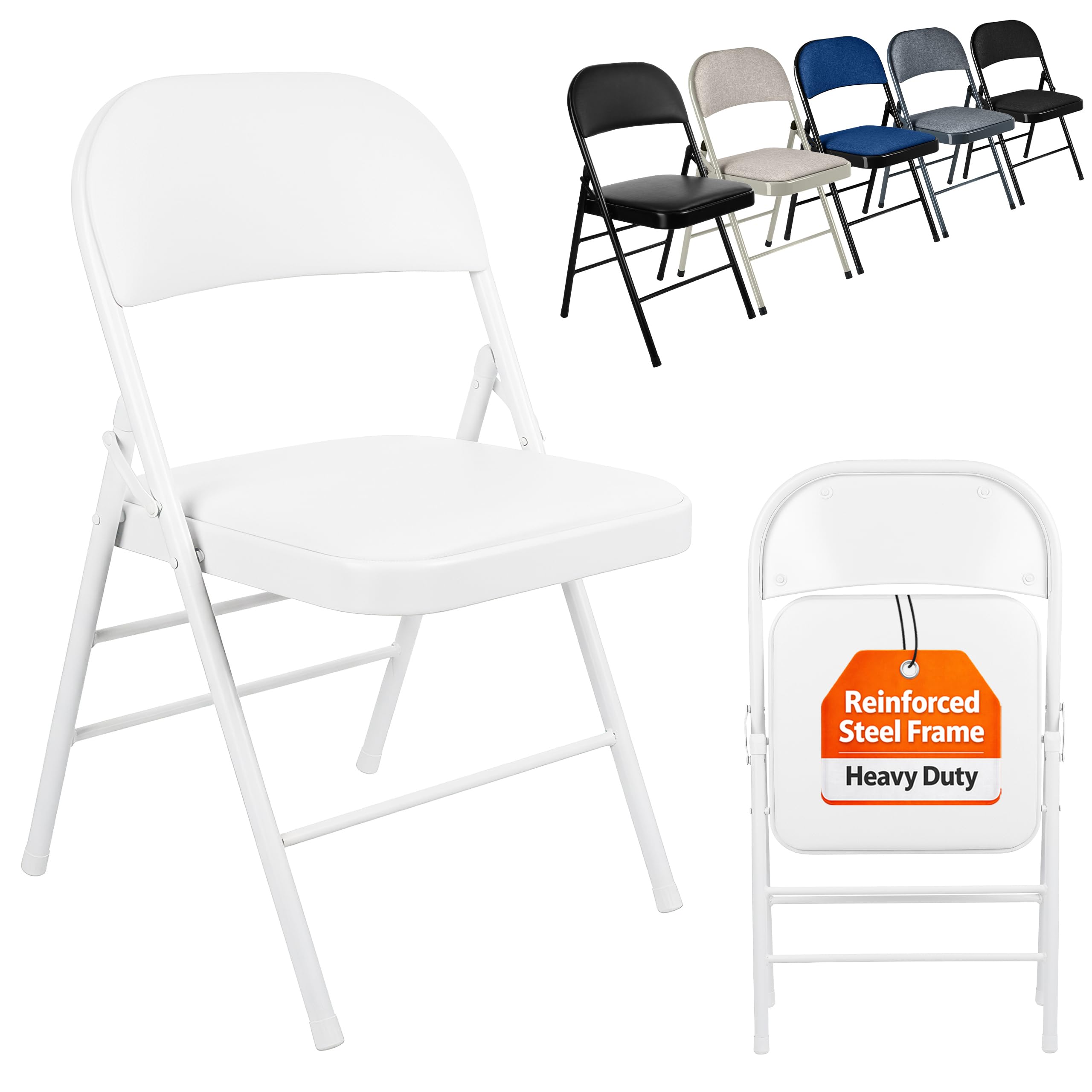 Nyxi Folding Chairs with Padded Paris Faux Leather Seats, Metal Frame, Foldable Chair Home Office Dinning, Multi-Purpose Indoor & Outdoor (White Leather PVC, 1 X Chair)