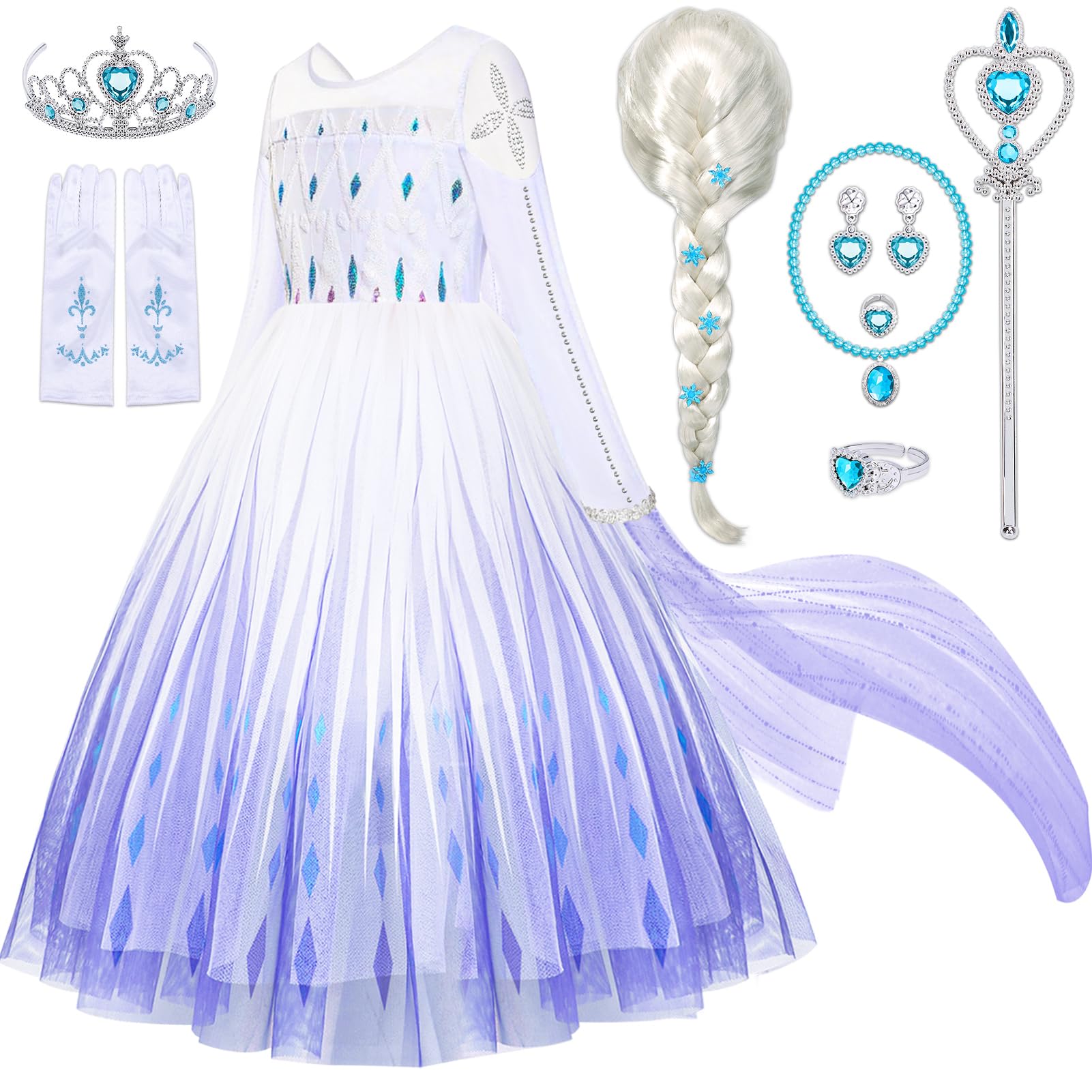Tacobear 11 Piezas Disfraz Princesa Niña Elsa Frozen Vestido Capa Corona Peluca Varita Traje Disfraces Navidad Regalo Cumpleaños Disfraz Halloween Niña 2 3 4 5 6 7 8 9 Años