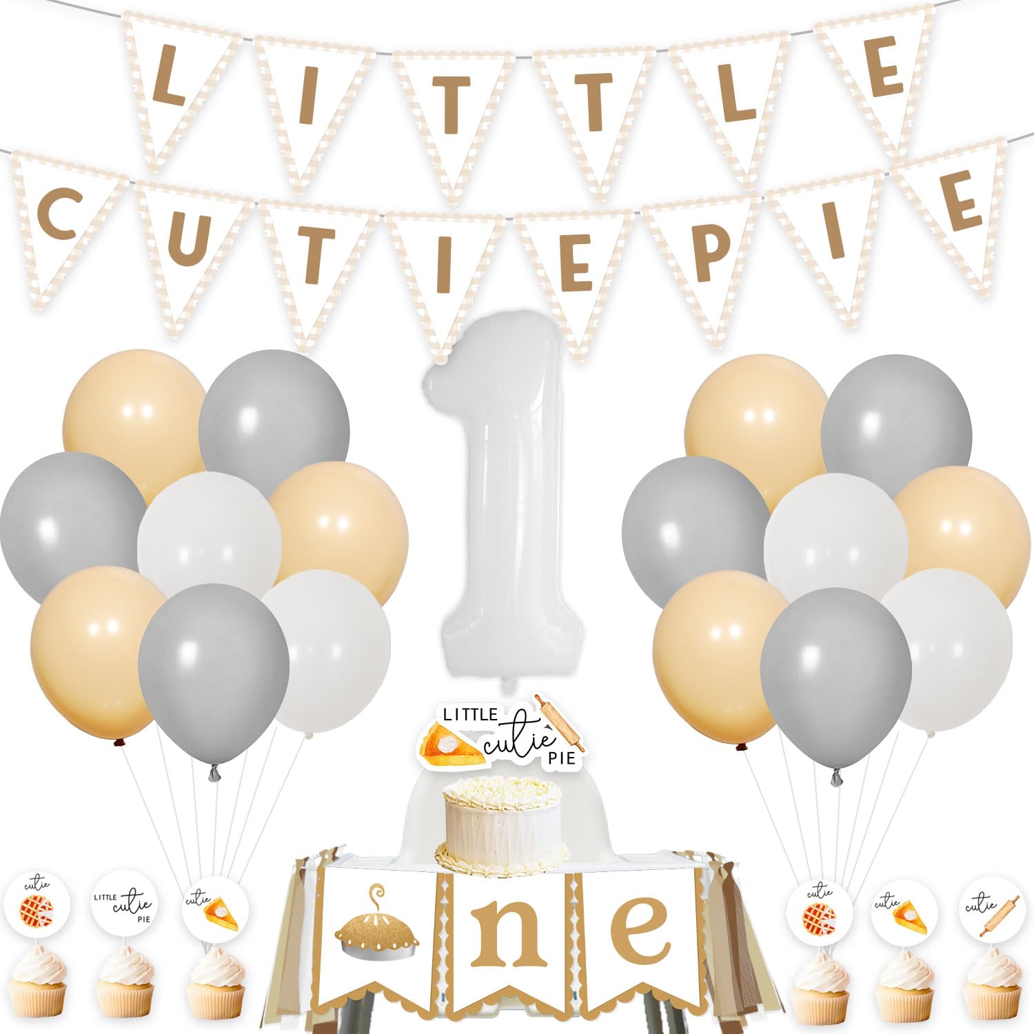 53Pcs Cutie Pie 1st Birthday Decorations, Pie First Birthday with Little Cutie Pie Banner, Cake Cupcake Toppers, Beige High Chair Banner Supplies for Kids Boys Girls Baking Cookie First Birthday Party