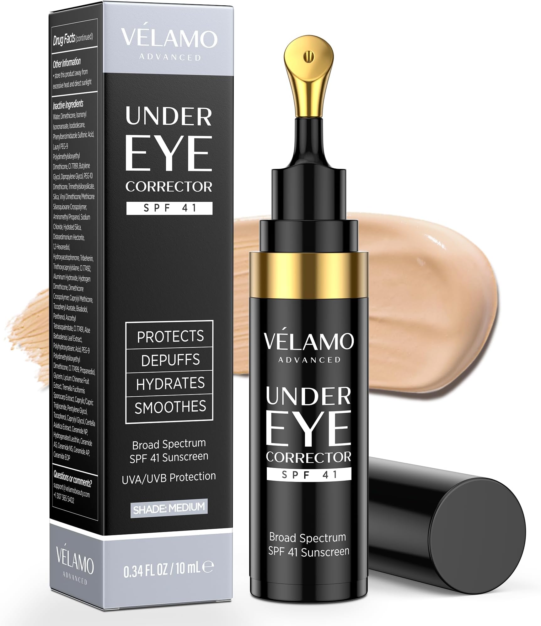 VELAMO ADVANCED Luminous Eye Corrector SPF 41: Under Eye Color Corrector for Dark Circles, Fine Lines & Puffiness - Hydrating Anti Aging Eye Cream with Ceramides Complex - Medium, 0.34 FL OZ/10mL