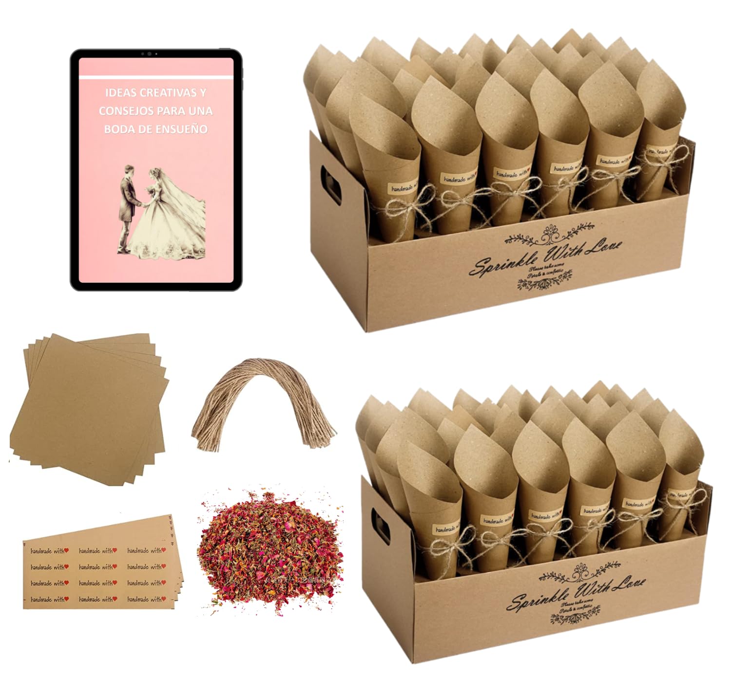 Pack Flores Secas Boda, 60 Unidades Papel Kraft Confeti Bodas, 600 Gramos Petalos Rosa, Decoracion Conos Arroz, Regalo Personalizado. Incluye Ebook