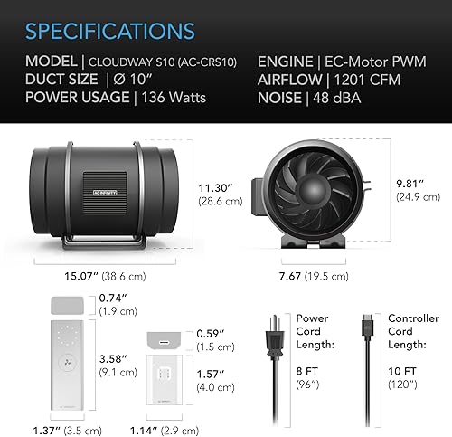 Miniatura 10 de AC Infinity CLOUDWAY - Ventilador EC S12 para toda la casa, 1600 CFM con control remoto de ventilador inalámbrico de 10 velocidades, ventilador de