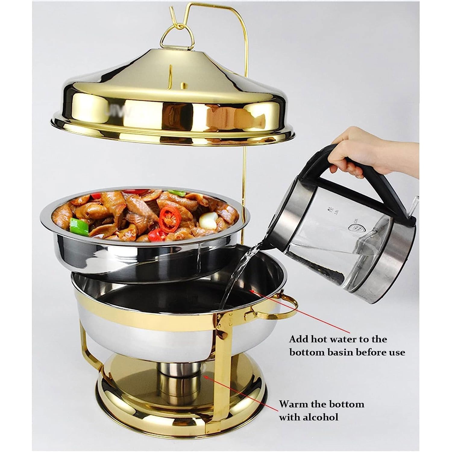 Juego de platos para bufé, recipiente de calentamiento de acero inoxidable con tapa, incluye bandeja para alimentos, bandeja de agua y estufa de combustible para catering y eventos
