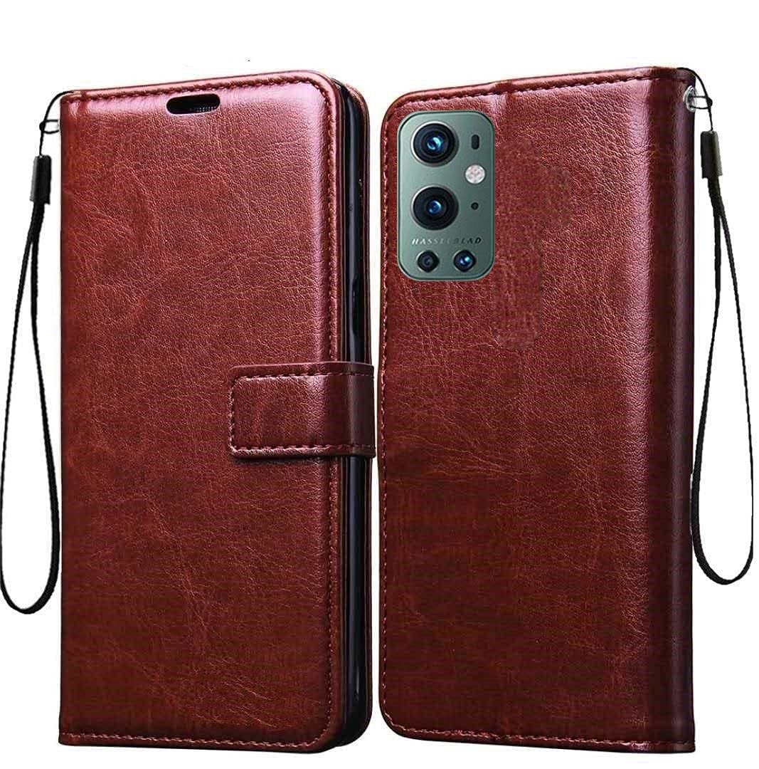 Frazil Vintage Leather Finish Flip Cover for OnePlus 9 Pro 5G | Inside Pockets & Inbuilt Stand | Wallet Style Back Case | Magnet Closure (Brown)
