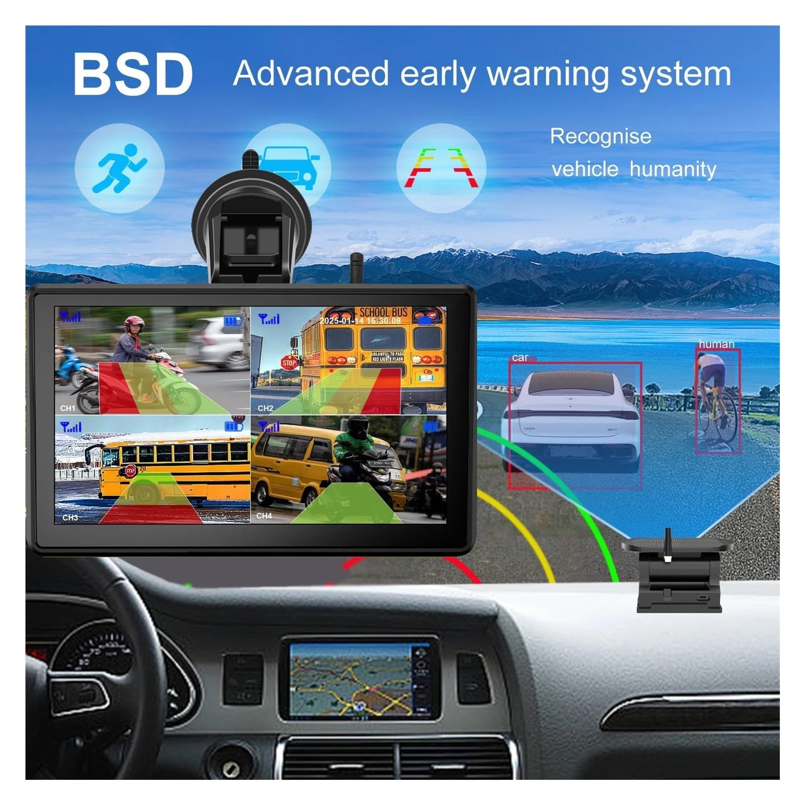 Monitor DVR Inalámbrico con Pantalla Táctil 7 Pulgadas Pantalla Dividida 1/2x BSD Detección IA Cámara Respaldo Solar No Daña Instalación RV Cámara Visión Trasera(64G,2 Kit)