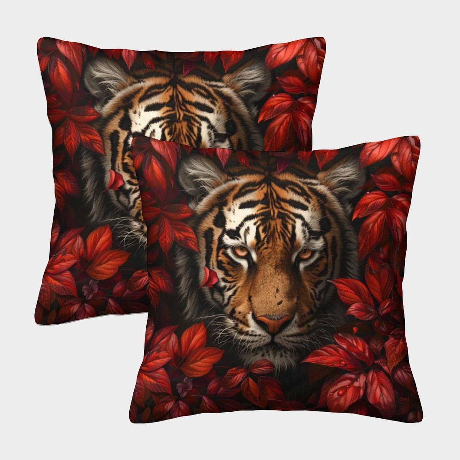 kaiyun 2 Pack Red Leaves - Tiger Luxury Digital Printed Soft 3D Themed Square Cushion Cover 40x40cm