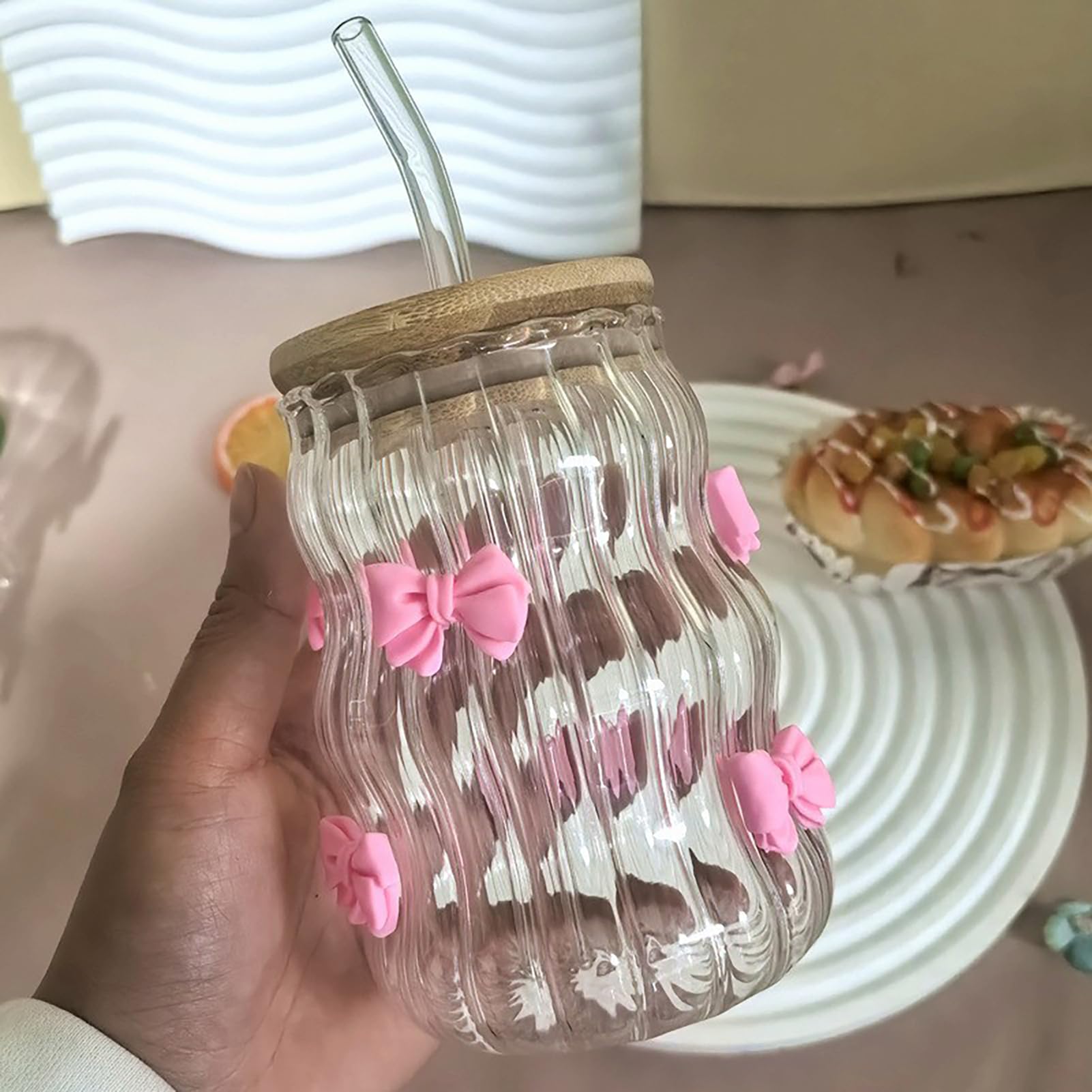 BestAlice Ribbed Glass Drinking Cup, 450ml, Pink, Bow or Rose Style, Iced Coffee Cup, Bubble Glass, Medium Size, Reusable - Image 4