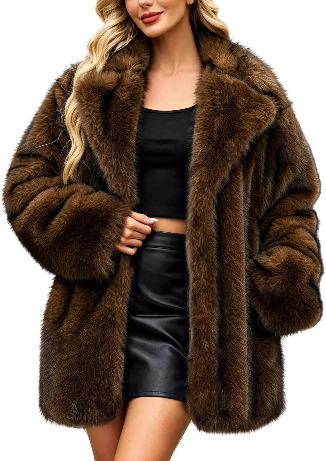 Women's Faux Fur Coat Wide Lapel Long Sleeve Elegant Winter Jacket