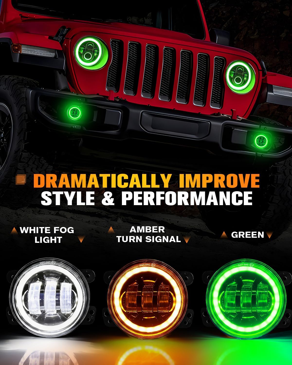 Wrangler Fog Lights Green/Amber Halo Ring DRL Amber Turn Signal, 60W LED Front Bumper Replacements Compatible with 2007-2018 Wrangler JK JKU DOT Approved, Pair Black