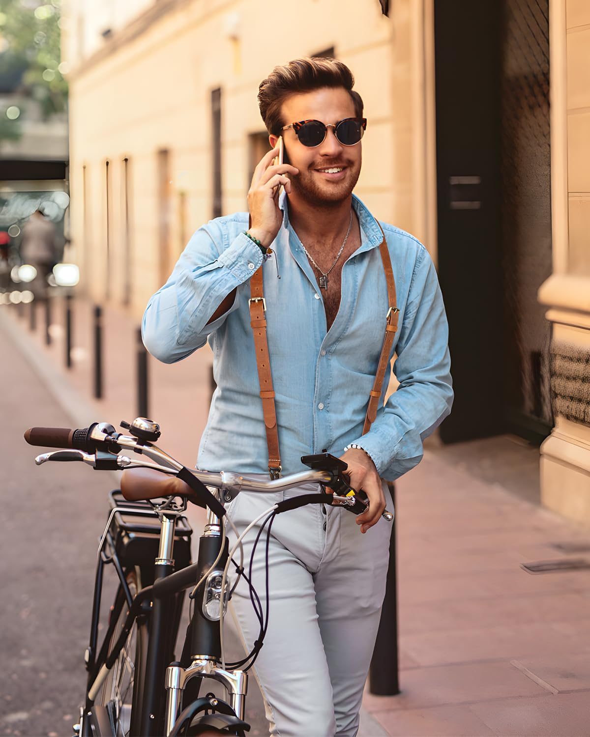 JinRuiKJ Tirantes de cuero para hombre, tirantes elásticos ajustables en Y para hombre, 2 tipos de clips de metal disponibles