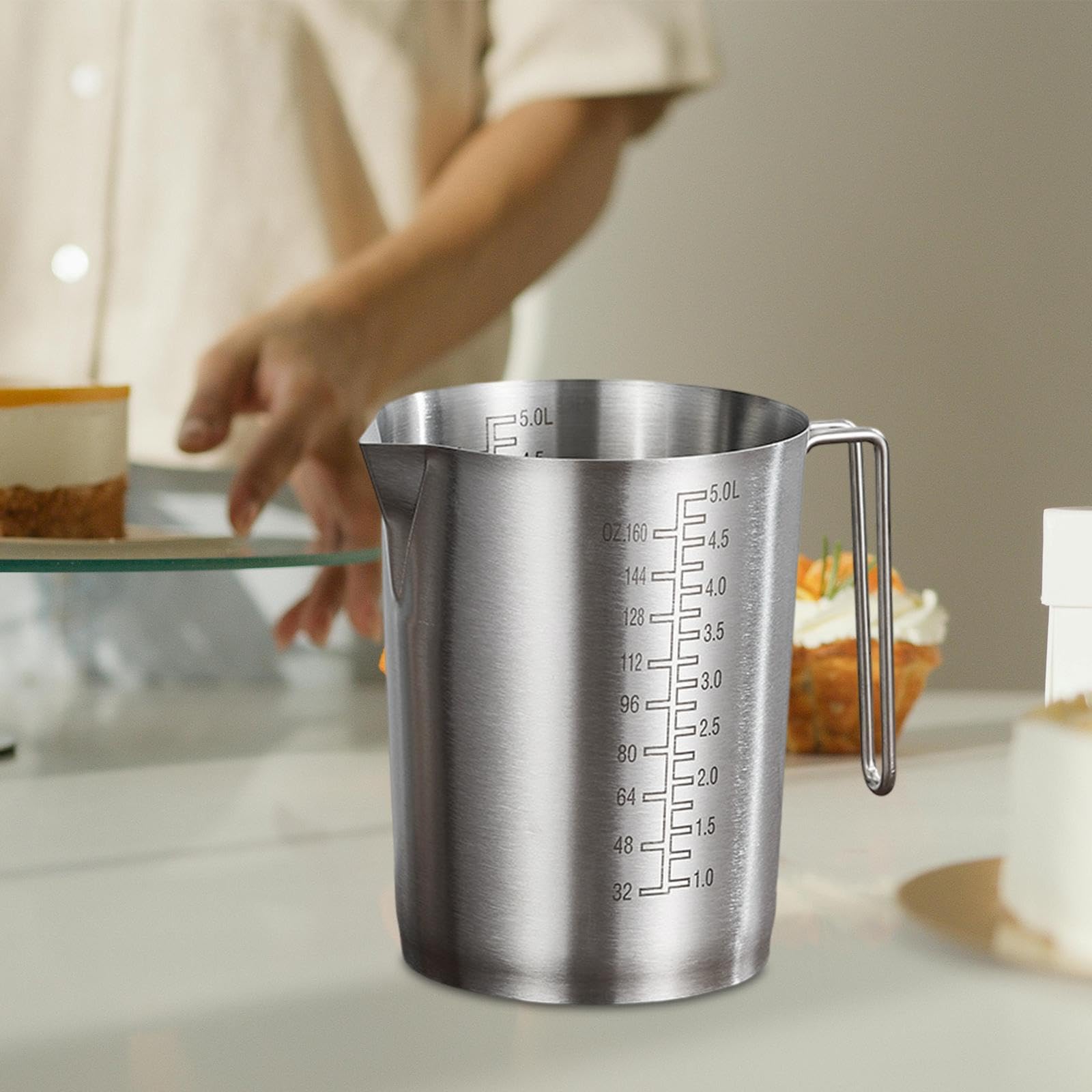Generic Vaso Medidor con Graduaciones Internas Y Externas, Acero Inoxidable, Mango, Boquilla para Verter, Utensilio de Cocina Adecuado para, 5l, Individual