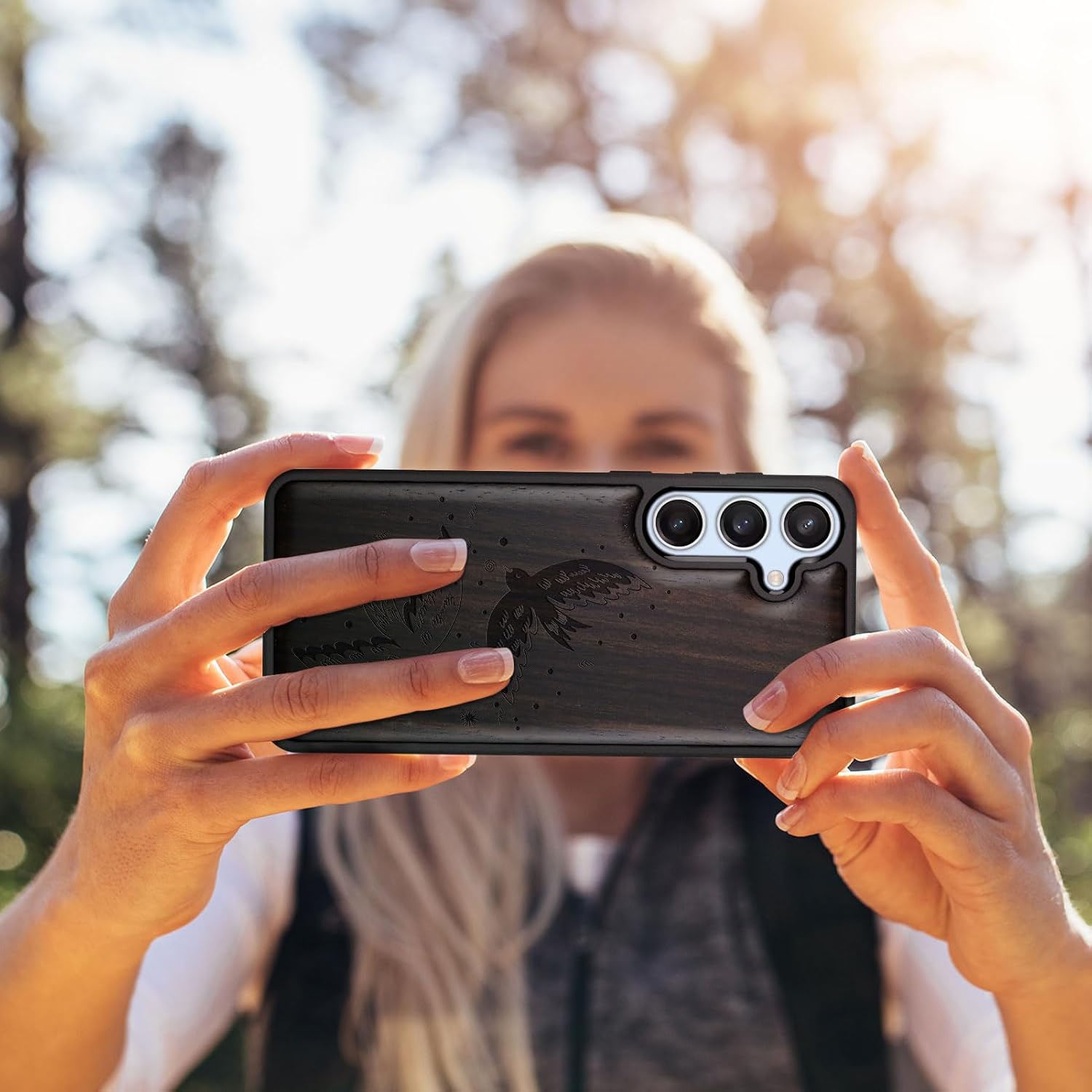 Carveit Wood Case for Galaxy S24 FE Case [Natural Wood & Black Soft TPU] Shockproof Protective Cover Unique Wooden Design Compatible with S24 FE (Minimalist Flight-Blackwood)