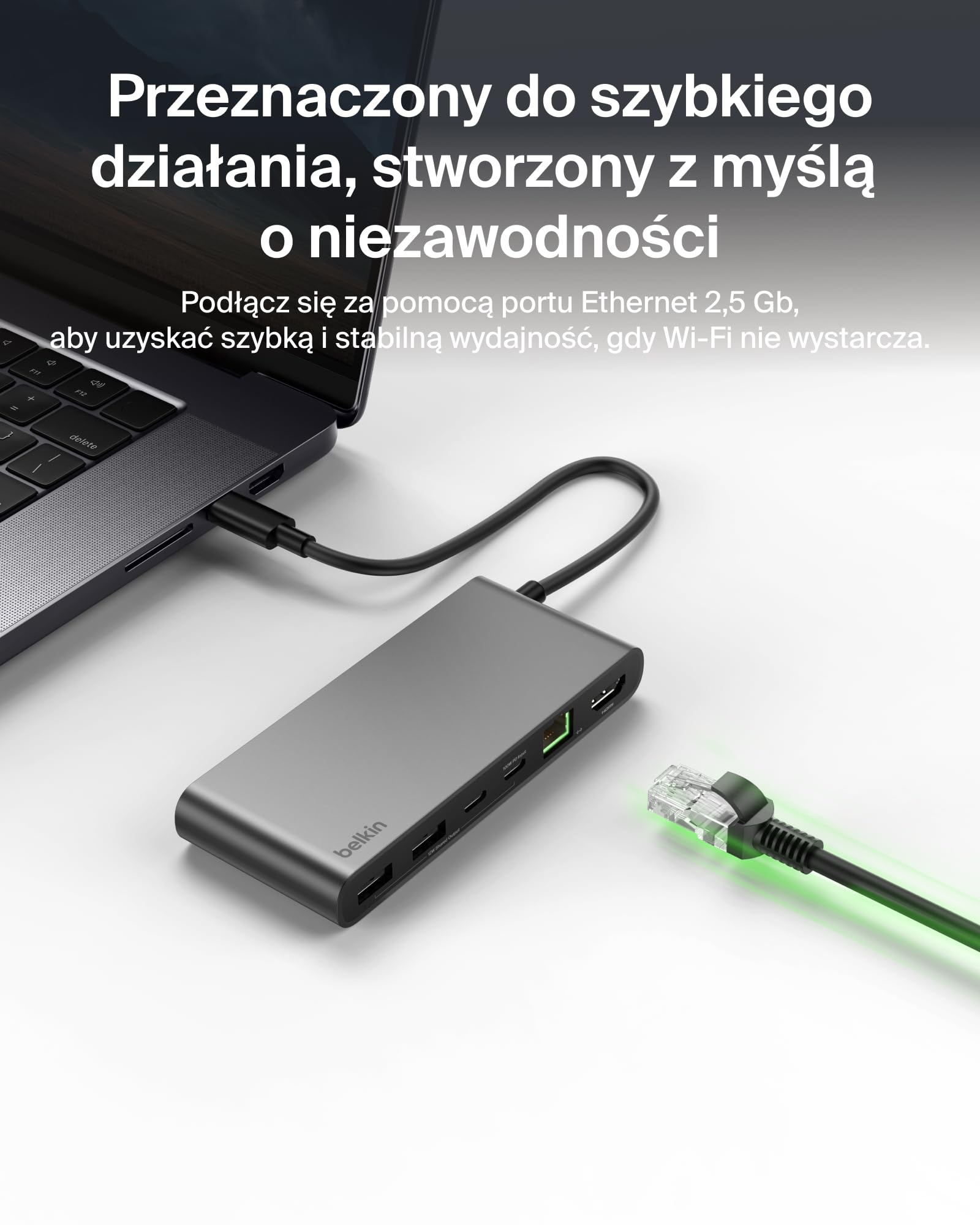 Belkin Connect 8-portowy USB C Hub, Obsługa Wyświetlaczy do 4K przy 60 Hz – Działa z Urządzeniami Mac, Windows i Chromebook – 100 W PD, Transmisja Danych 10 Gb/s, Ethernet 2,5 Gb/s – Szary