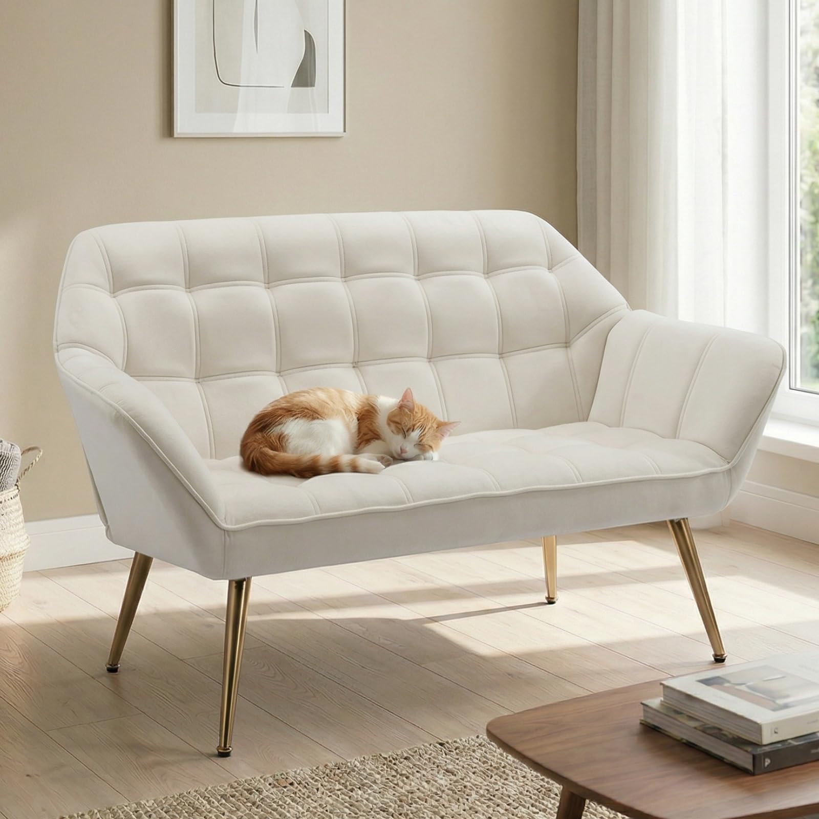 QUINJAY 48" Small Loveseat for Small Spaces, Modern Sherpa Mini Sofa Couch 2-Seater Velvet Love Seat with Quilting Back and Gold Legs for Living Room/