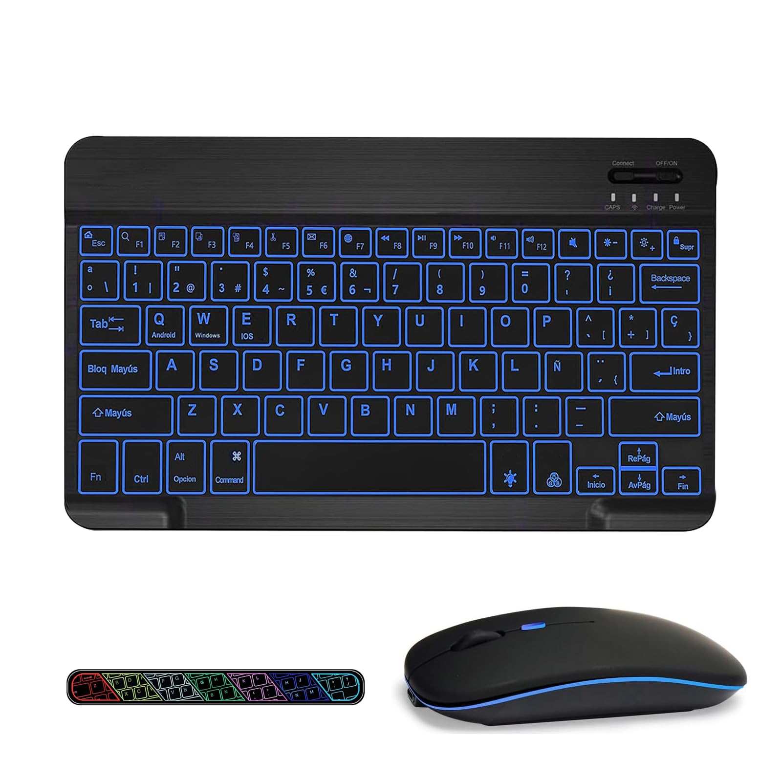 Retroiluminado Teclado y Ratón Inalámbrico Bluetooth, Teclado y Ratón Recargables Silenciosos y Portátiles para iPad Tablet/PC/iOS/Android/Windows, QWERTY Español Ñ, Retroiluminado