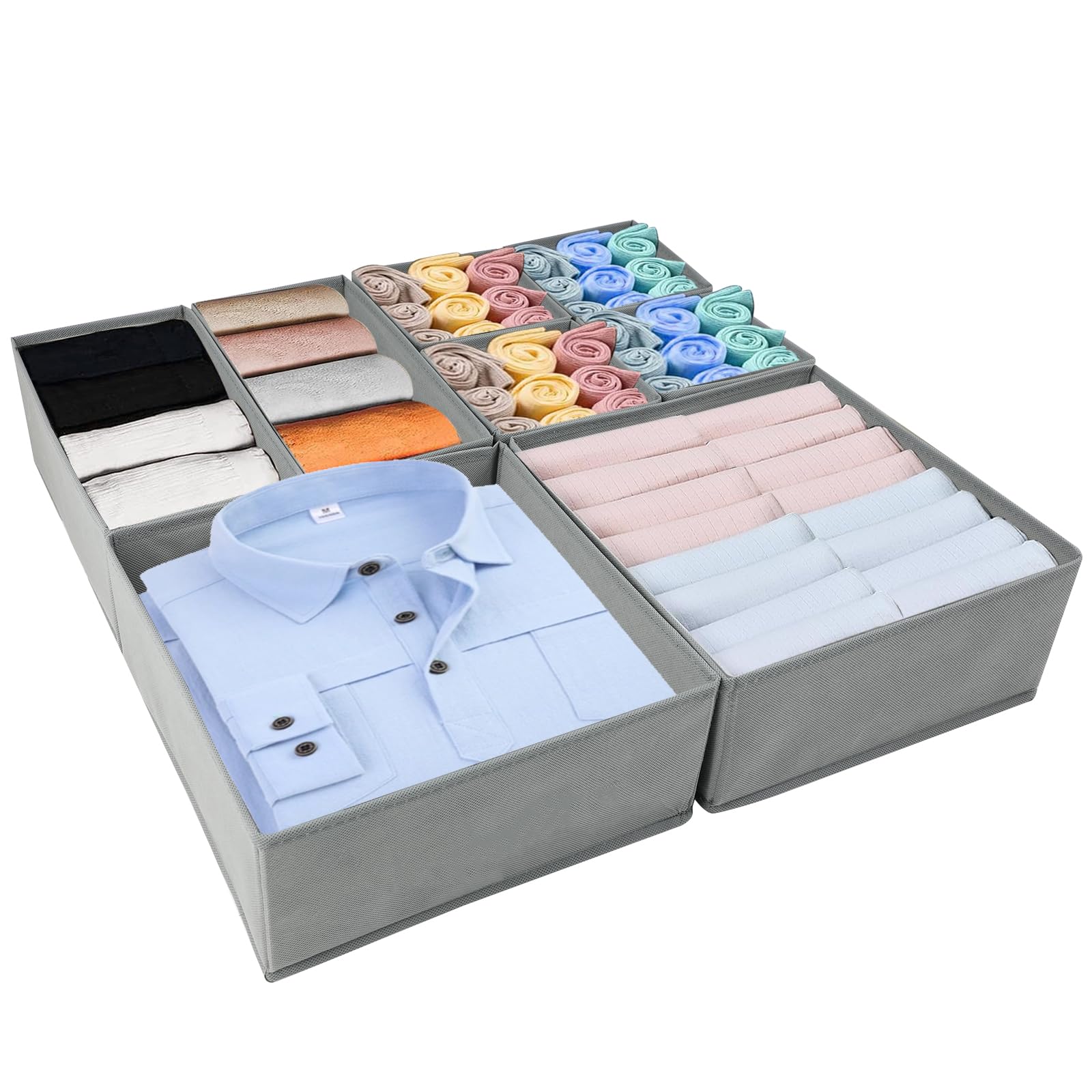 Flearitzo Organizador Cajones Juego de 8 Cajas Almacenaje Plegables de Tela - Separador Cajones Plegable - Organizador Armario para Ropa, Ropa Interior, Calcetines, Corbatas - Gris