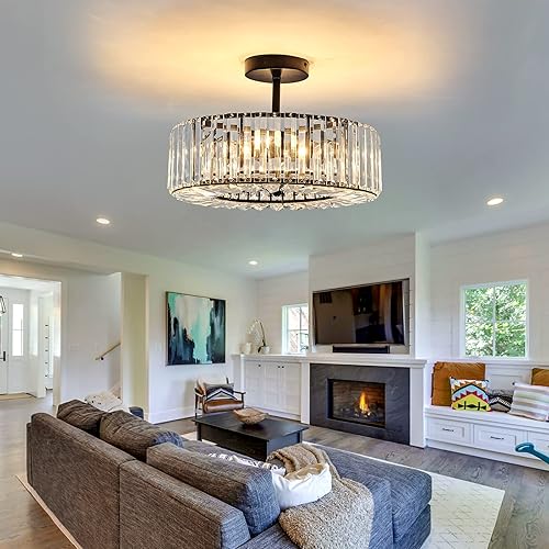 Miniatura 5 de DAFKOS 4 Lights Modern Crystal Chandelier Black Round Semi Flush Mount Ceiling Light Fixture Farmhouse Chandelier for Dinning Room Living Room