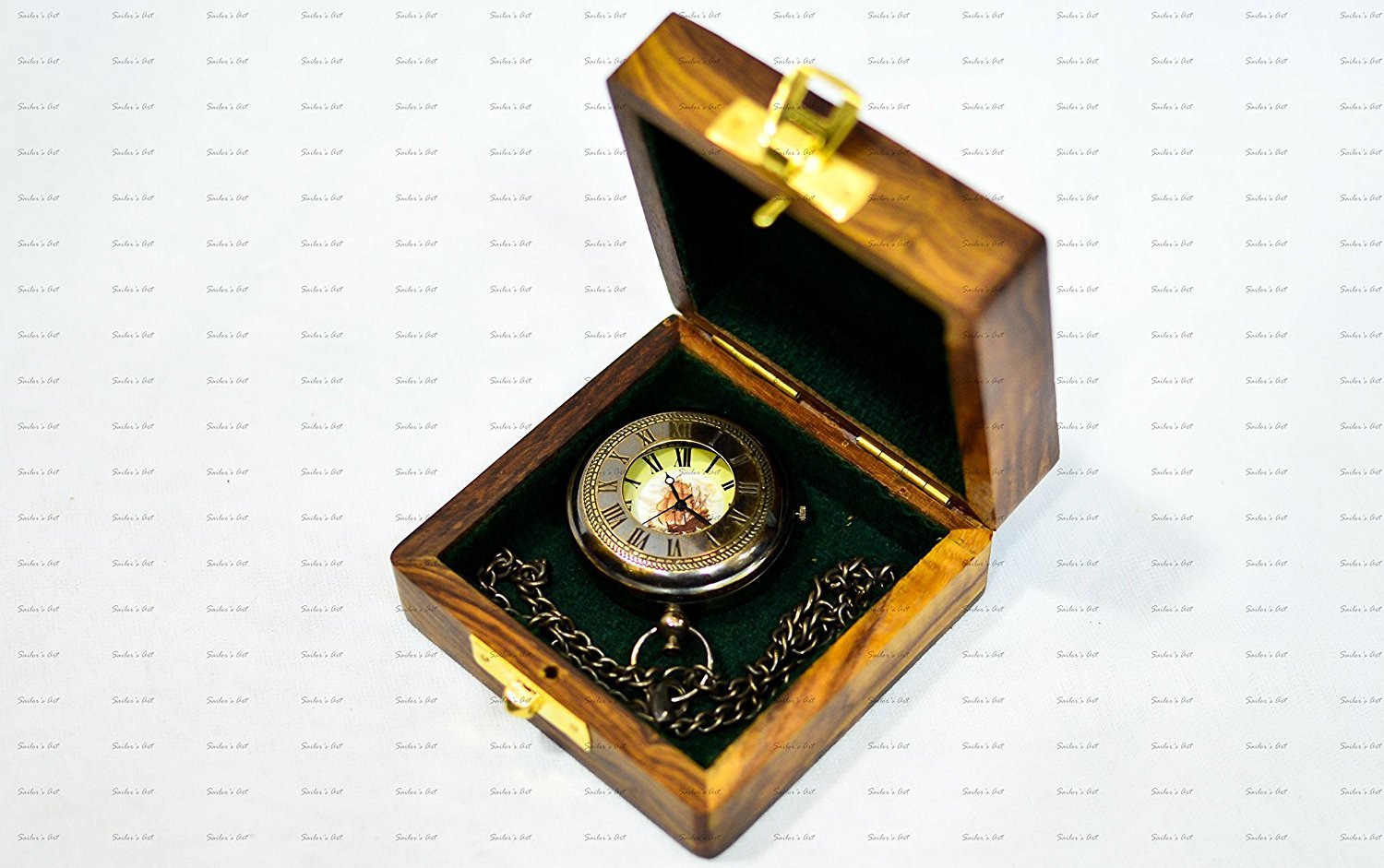 World of Vintage Antique Look Brass Ship Push Button Pocket Watch 2" with Wooden Box