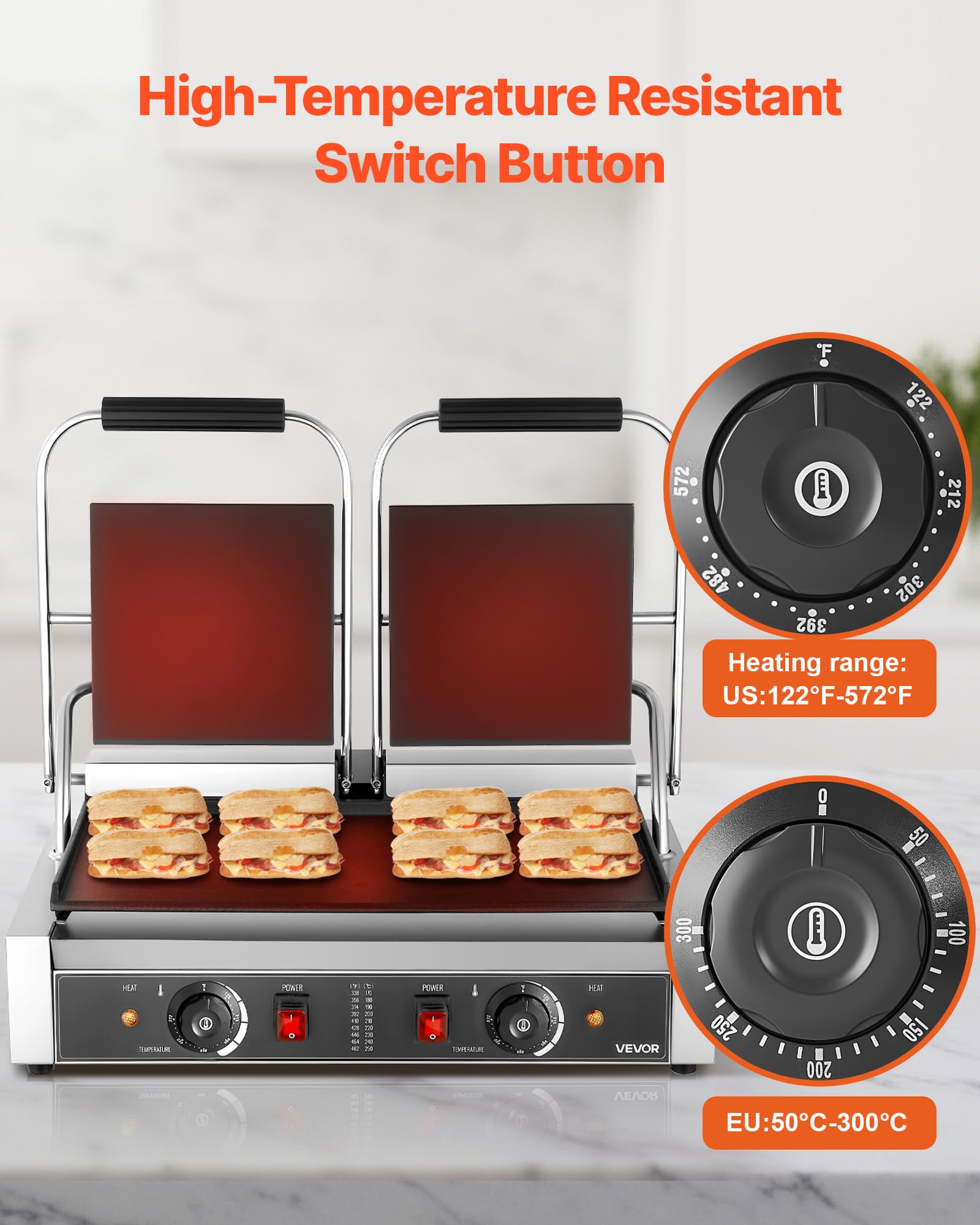 VEVOR 3600W Grill elettrico per panini,doppia piastra per panini con piastra smaltata piatta da 48,5x23 cm,piastra per panini in acciaio inox,controllo della temperatura,per hamburger,bistecche,cucina