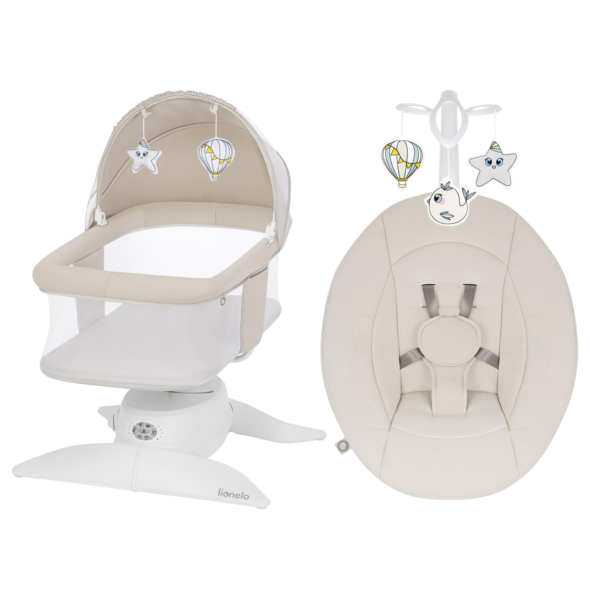 lionelo Vivi Set Balancelle Électrique 2 en 1 avec Nacelle, Jusqu’à 9 kg | Pivotement 360°, 5 Vitesses, Détecteur de Mouvement, Bluetooth, Télécommande, Timer, 12 Mélodies, Moustiquaire et Harnais