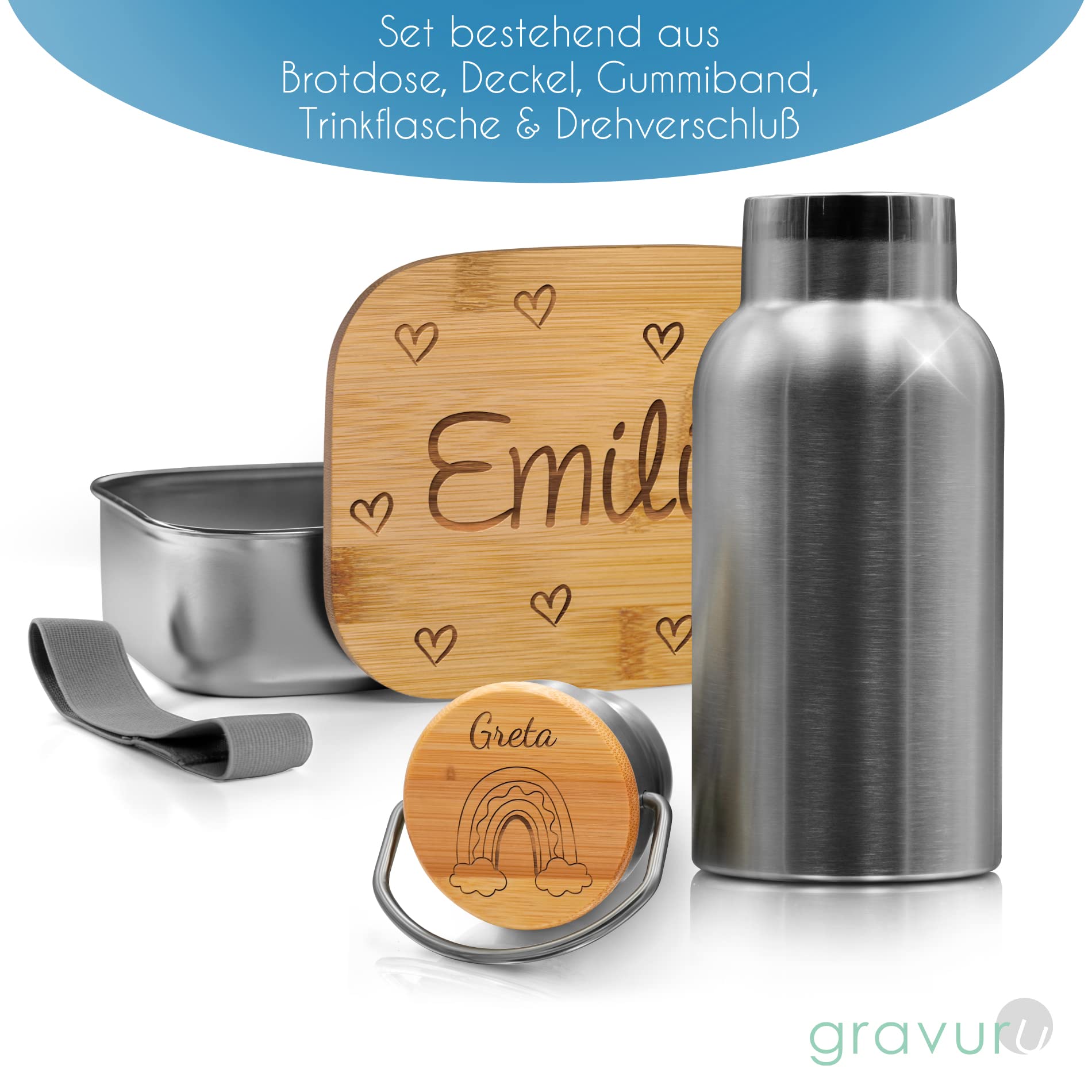 CHRISCK design Personalisierte Brotdose und Trinkflasche Set Kinder - mit Namen & Motiven personalisiert – nachhaltige Brotbüchse & Flasche aus Edelstahl mit Holzdeckel – für Kindergarten Kita Schule