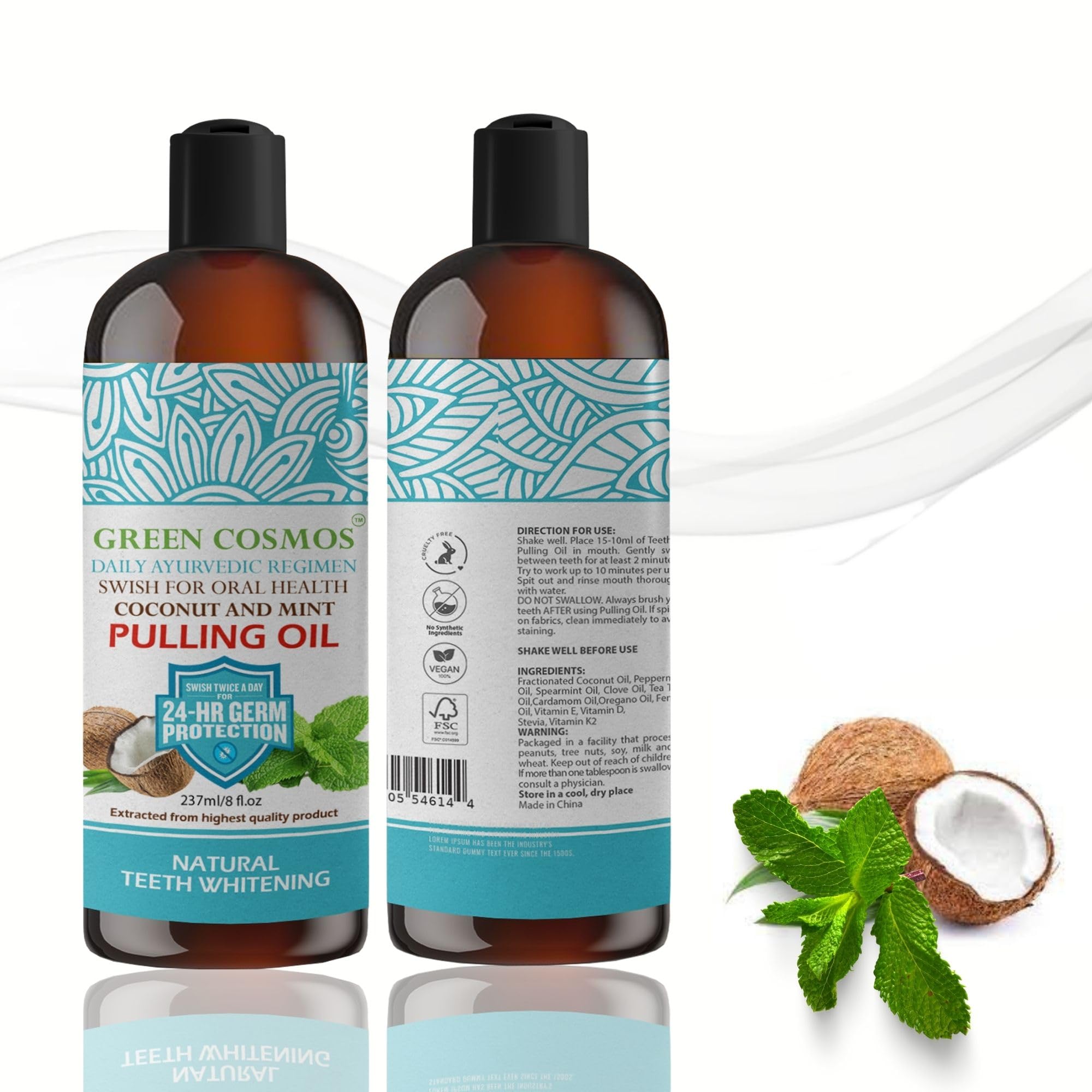 Coconut Mint Pulling Oil Mouthwash, 237ml Natural Teeth Whitening, Ayurvedic Daily Swish for Oral Health Alcohol & Fluoride Free, Healthy Gums, Fresh Breath, Solution for Bad Breath